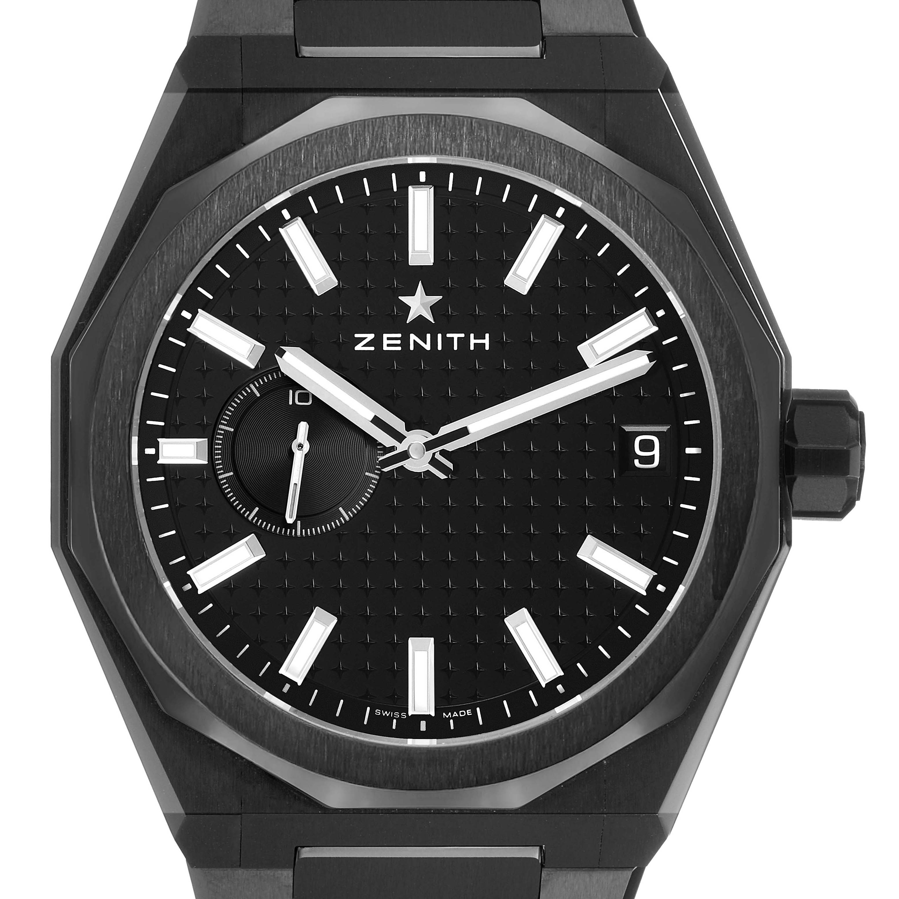 The Zenith Defy 49.9300.3620 Men's Ceramic Black Dial watch is shown from the front, highlighting the dial, markers, hands, and crown.