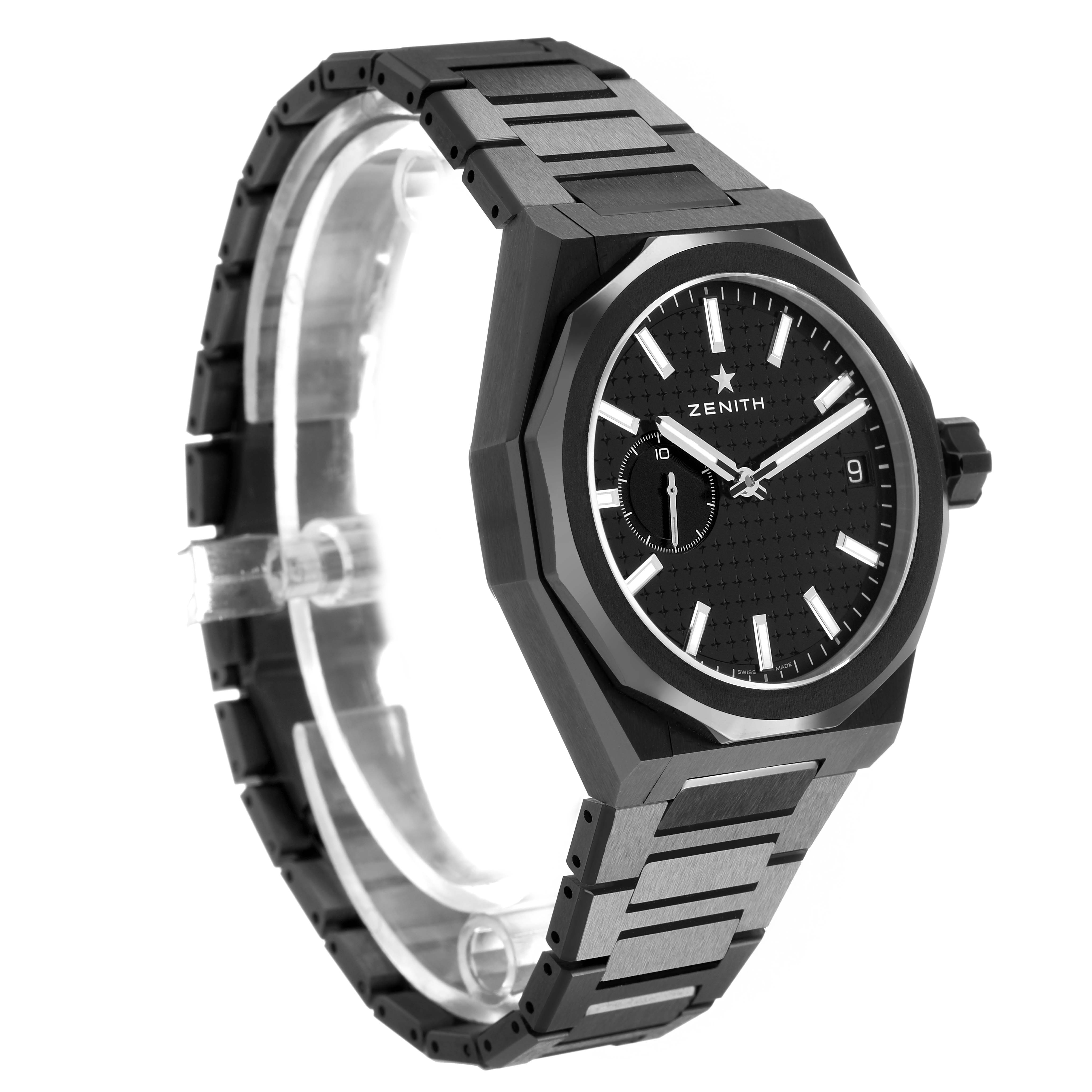 The Zenith Defy 49.9300.3620 Men's Ceramic Black Dial watch is shown at a three-quarter angle, highlighting the dial, bezel, case, and bracelet.