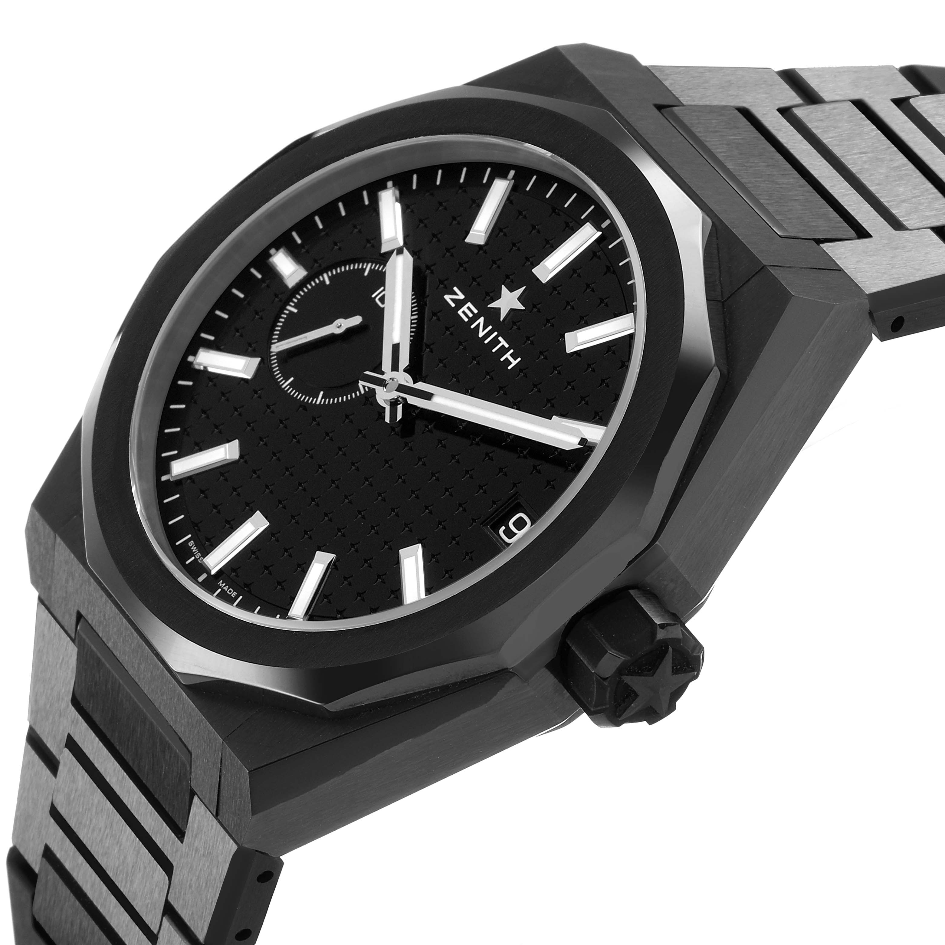 The image shows the Zenith Defy 49.9300.3620 Men's Ceramic Black Dial watch at a side angle, highlighting the face, bezel, crown, and part of the metal strap.