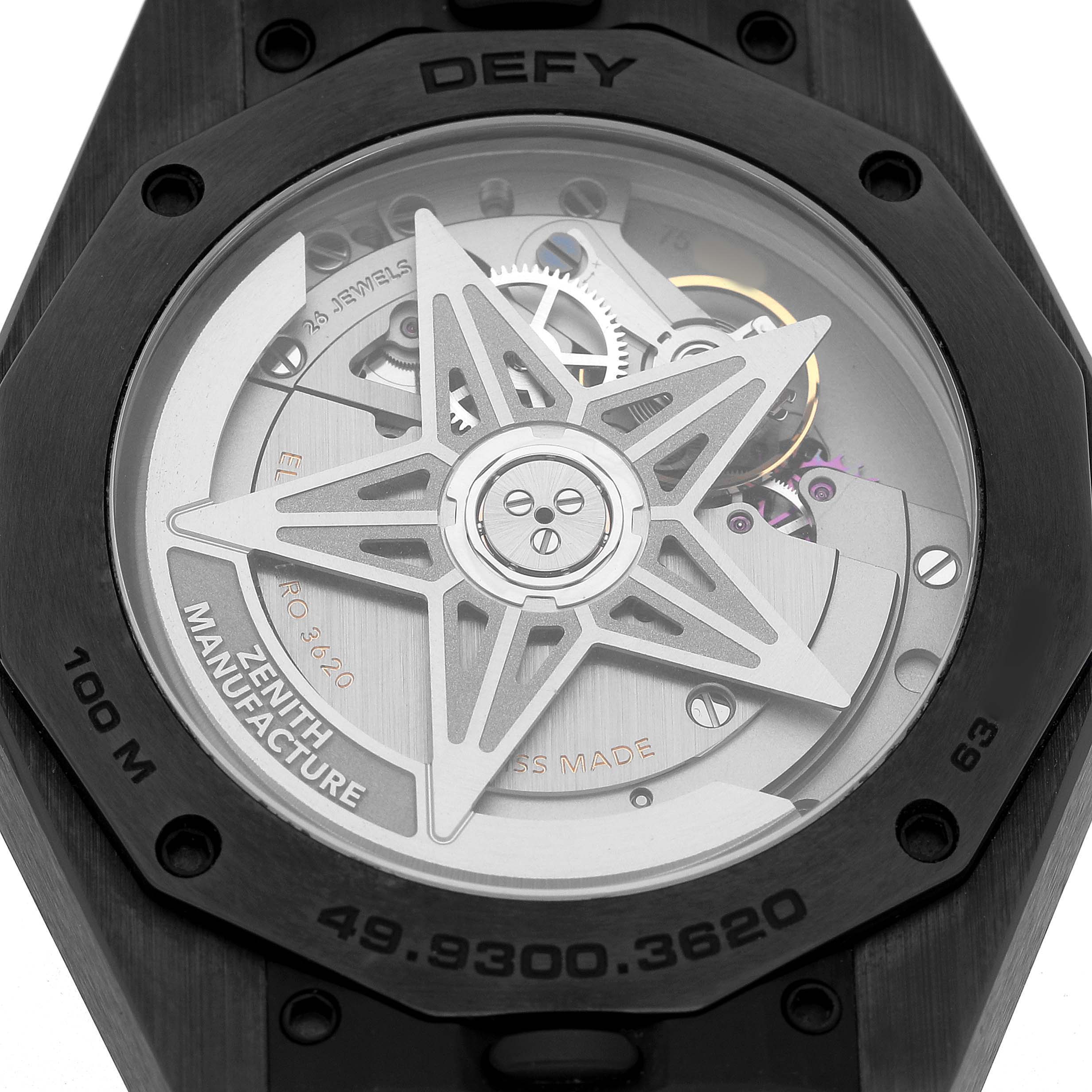 The image shows the back view of a Zenith Defy 49.9300.3620 Men's Ceramic Black Dial watch, highlighting its movement and rotor design.
