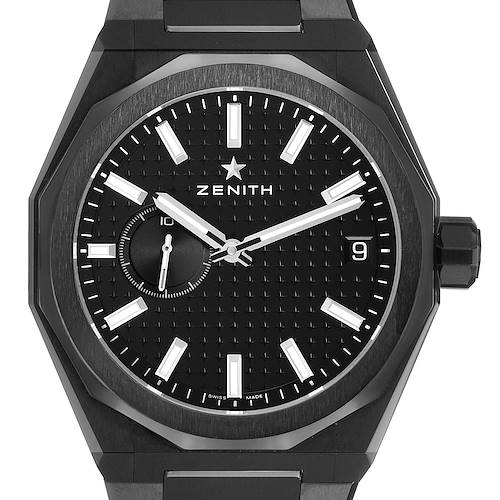 The image shows a front view of the Zenith Defy 49.9300.3620 Men's Ceramic Black Dial watch, highlighting the dial, hands, and bezel.