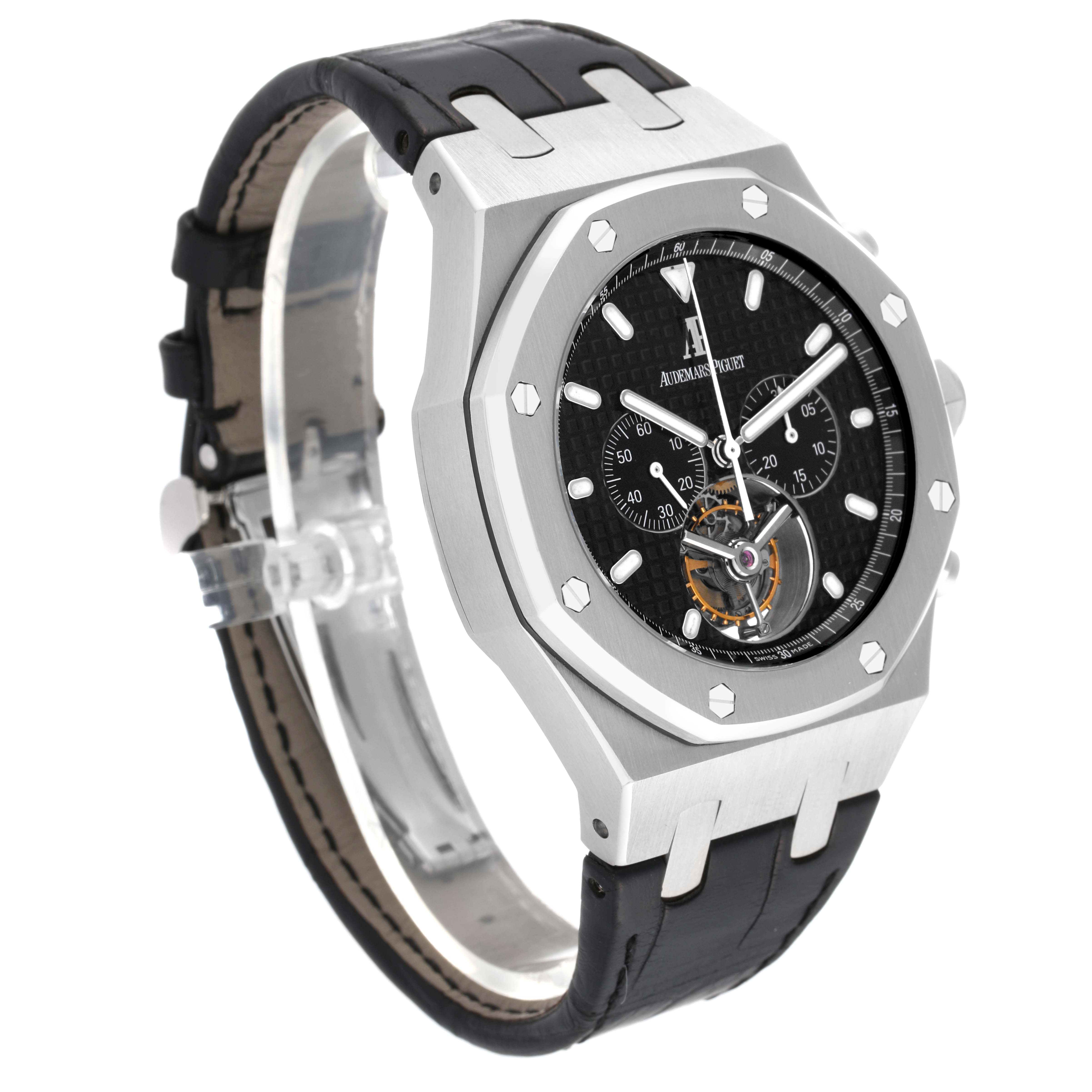 This is a side angle view of an Audemars Piguet Royal Oak 25977ST.OO.D002CR.01 Men's Stainless Steel Black Dial 25977ST.OO.D002CR.01 Men's Stainless Steel Black Dial watch, showcasing its black leather strap, octagonal bezel, and detailed dial.