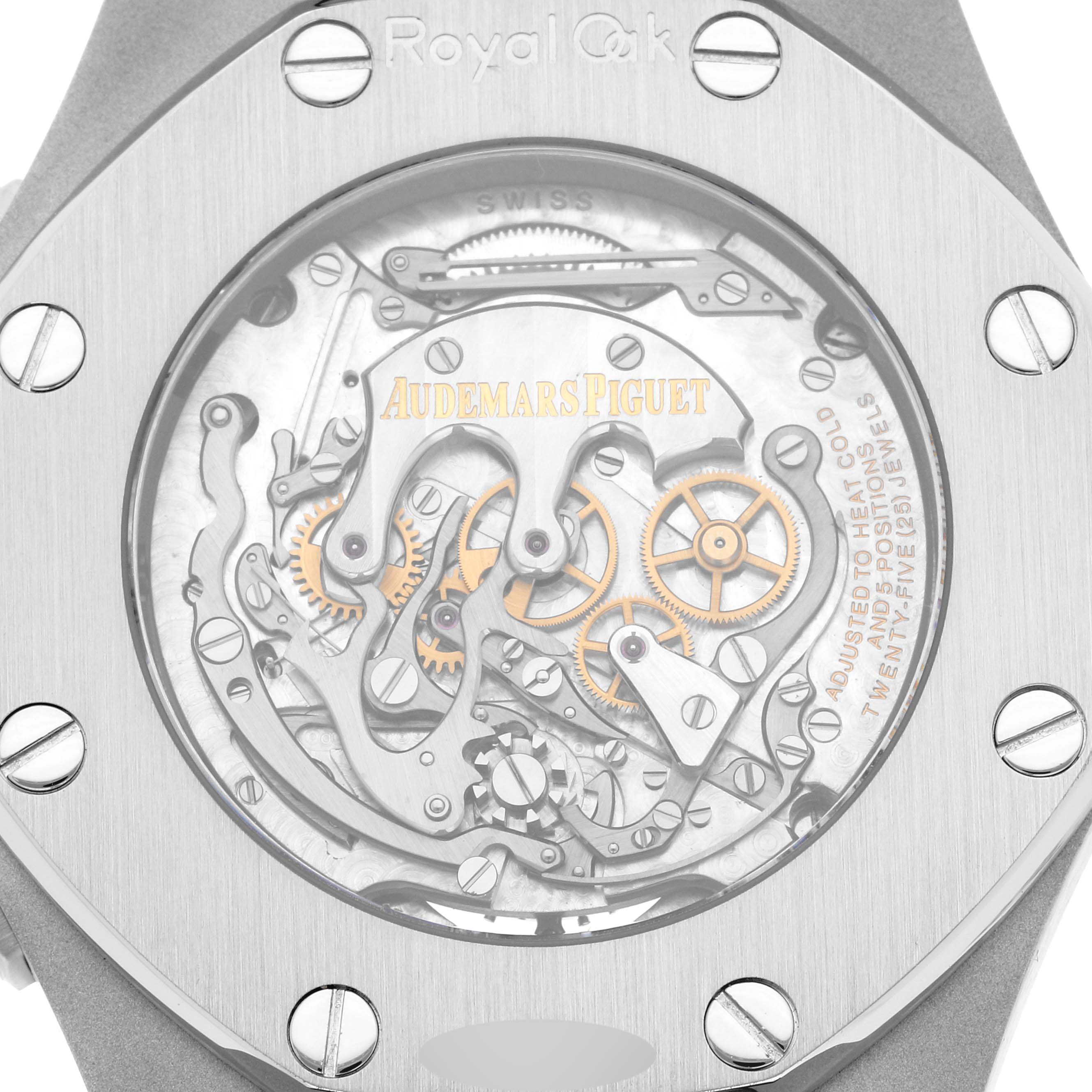 The image shows the back view of the Audemars Piguet Royal Oak 25977ST.OO.D002CR.01 Men's Stainless Steel Black Dial 25977ST.OO.D002CR.01 Men's Stainless Steel Black Dial watch, focusing on the intricate movement and internal mechanisms.