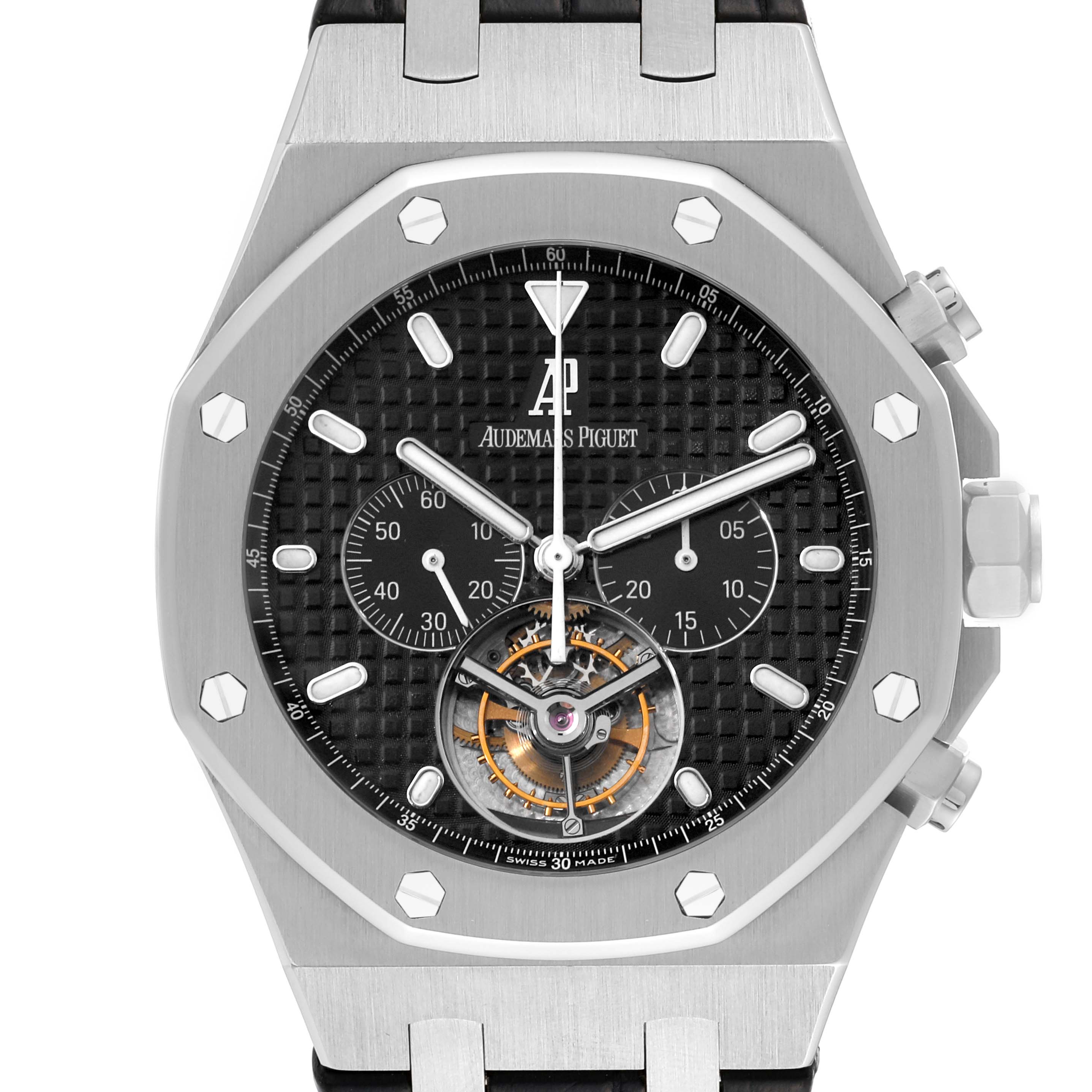 This image shows a front view of the Audemars Piguet Royal Oak 25977ST.OO.D002CR.01 Men's Stainless Steel Black Dial 25977ST.OO.D002CR.01 Men's Stainless Steel Black Dial watch, highlighting its dial, crown, chronograph subdials, and tourbillon.