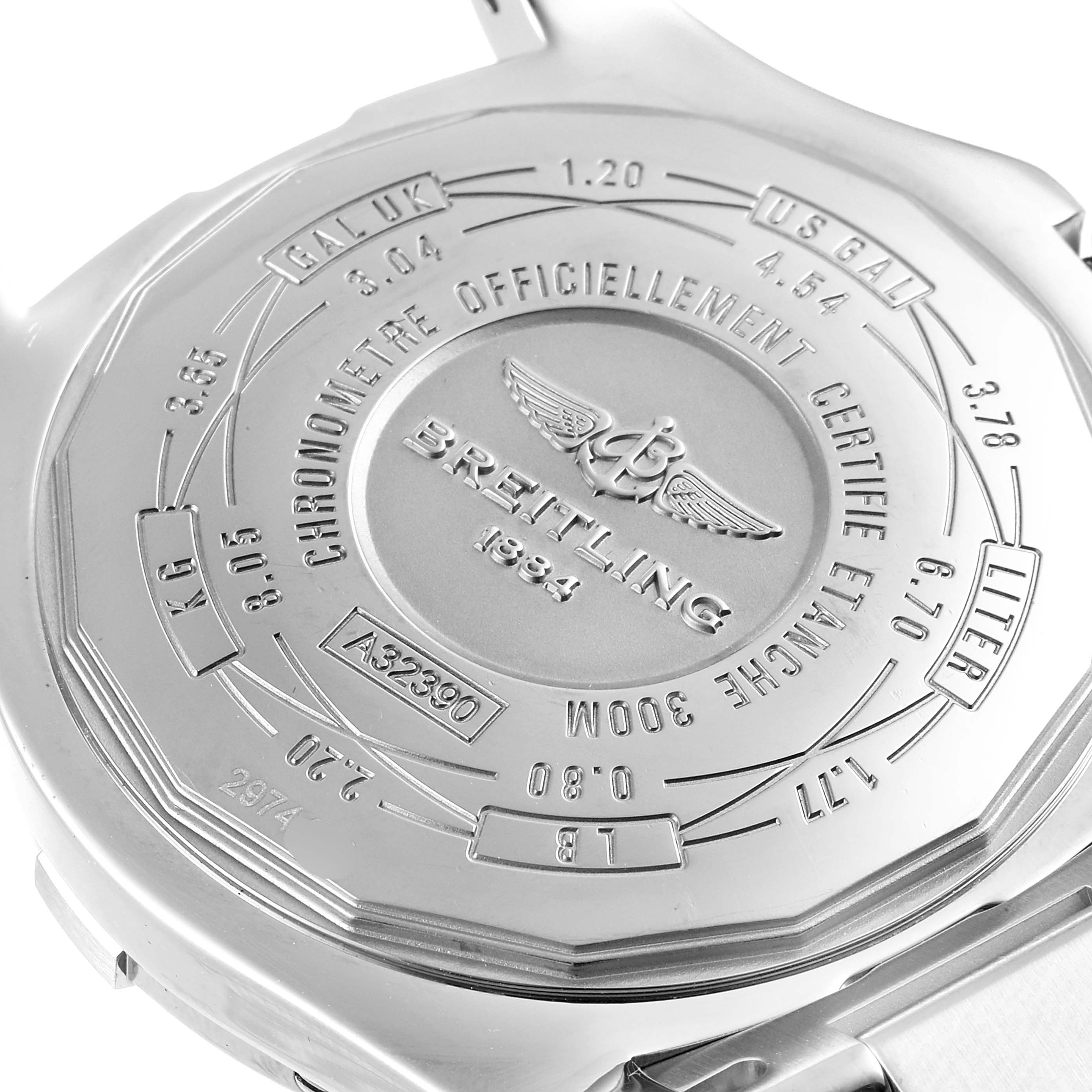 The image shows the back case of the Breitling Avenger A3239011-C872-170A Men's Stainless Steel Mother of Pearl Dial A3239011-C872-170A Men's Stainless Steel Mother of Pearl Dial watch, focusing on its engraved details and specifications.