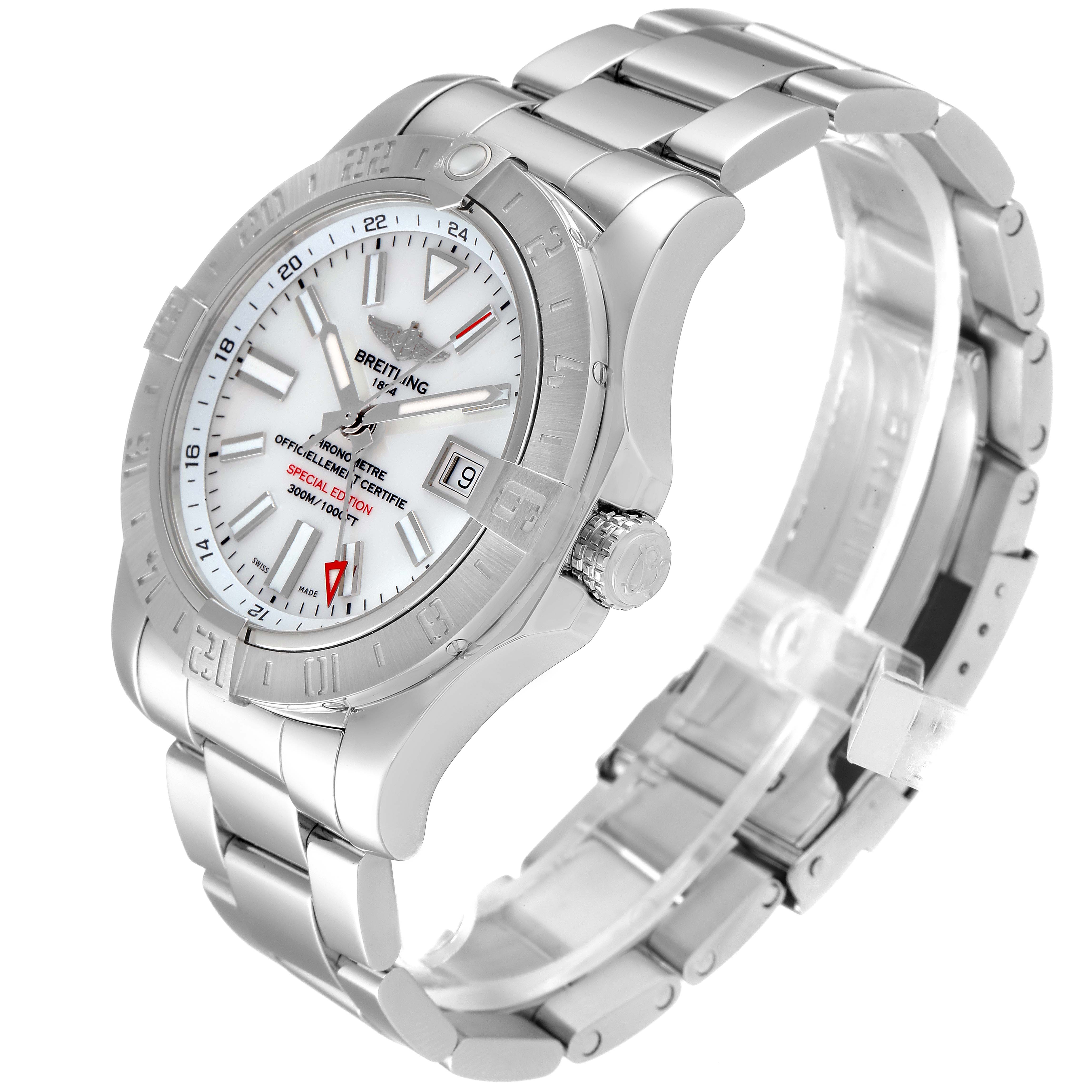 The image shows a side angle view of a Breitling Avenger A3239011-C872-170A Men's Stainless Steel Mother of Pearl Dial A3239011-C872-170A Men's Stainless Steel Mother of Pearl Dial watch, displaying the dial, bezel, crown, and bracelet.