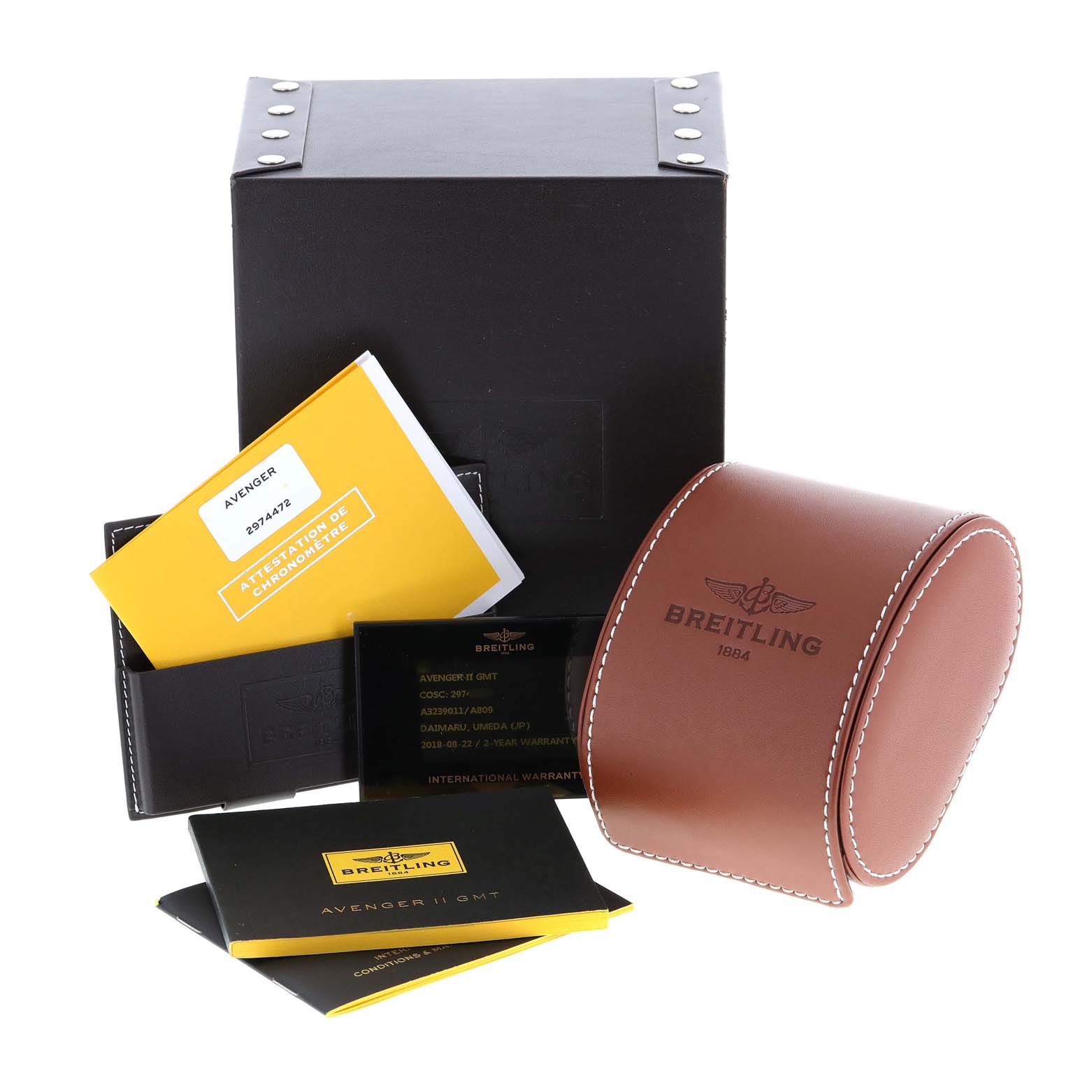 The image shows a Breitling Avenger A3239011-C872-170A Men's Stainless Steel Mother of Pearl Dial A3239011-C872-170A Men's Stainless Steel Mother of Pearl Dial watch box, watch case, manual, and warranty cards from a frontal angle.