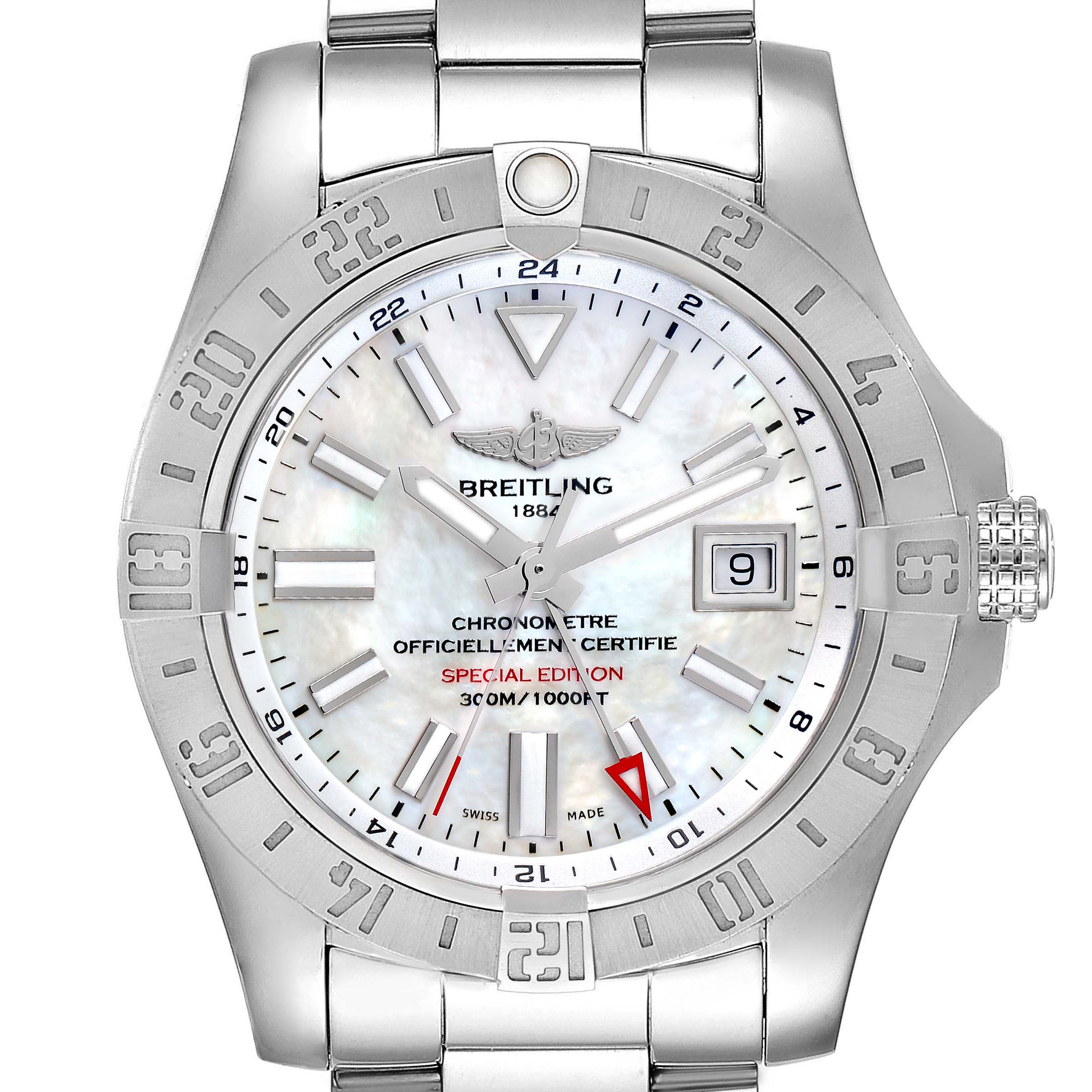 This image shows a front angle view of a Breitling Avenger A3239011-C872-170A Men's Stainless Steel Mother of Pearl Dial A3239011-C872-170A Men's Stainless Steel Mother of Pearl Dial watch featuring its dial, bezel, bracelet, and crown.