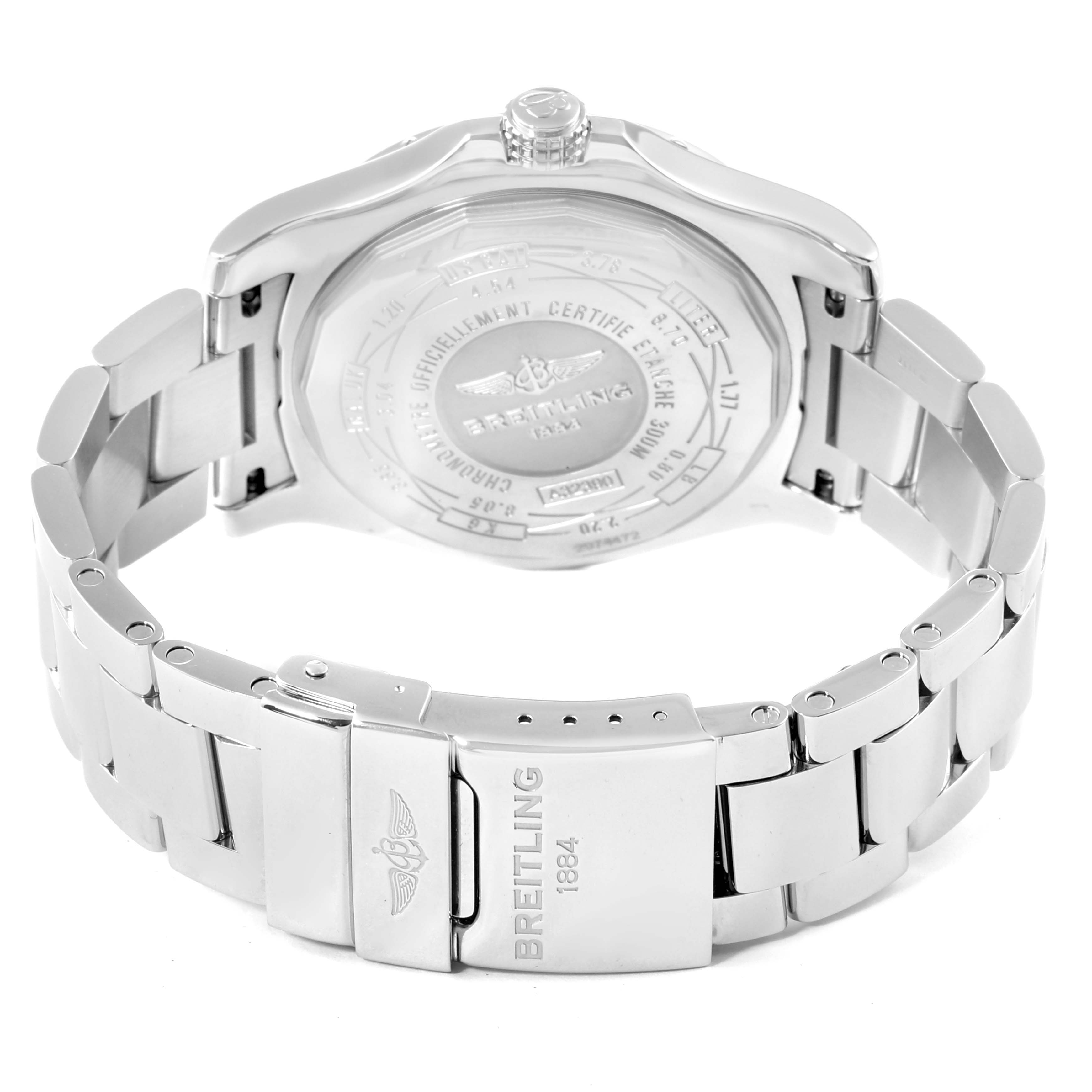 This image shows the back case and bracelet clasp of the Breitling Avenger A3239011-C872-170A Men's Stainless Steel Mother of Pearl Dial A3239011-C872-170A Men's Stainless Steel Mother of Pearl Dial watch from a rear angle.
