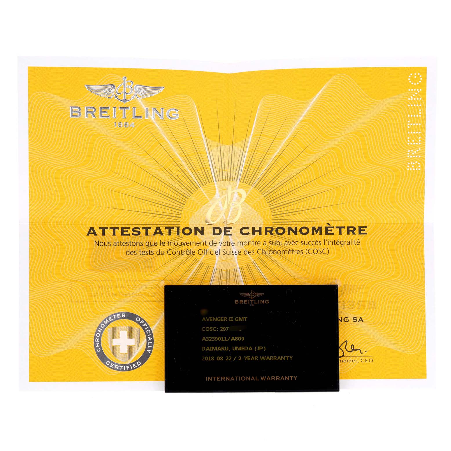 The image shows the certification and warranty card for a Breitling Avenger A3239011-C872-170A Men's Stainless Steel Mother of Pearl Dial A3239011-C872-170A Men's Stainless Steel Mother of Pearl Dial II GMT watch.