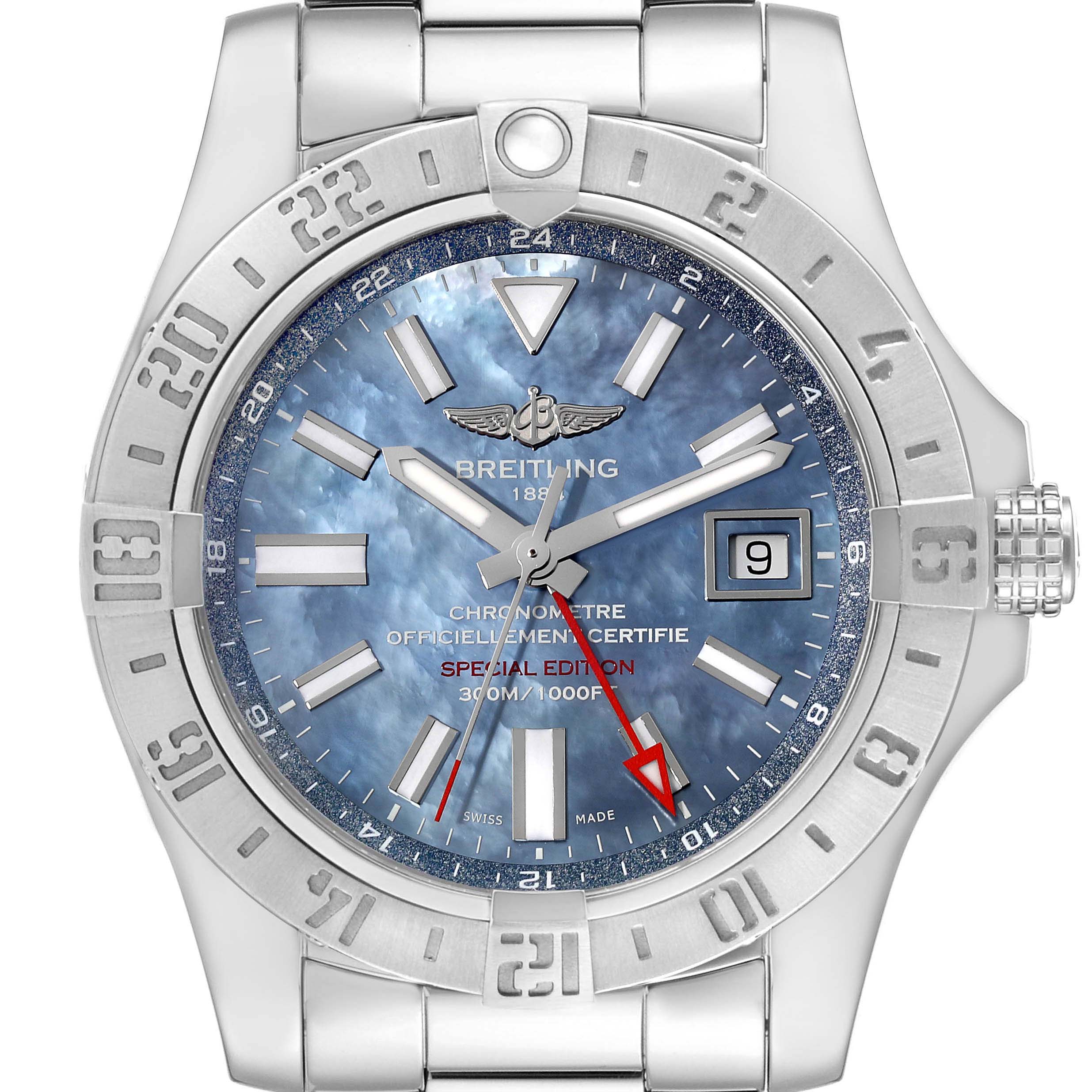 This Breitling Avenger A32390 Men's Stainless Steel Mother of Pearl Dial A32390 Men's Stainless Steel Mother of Pearl Dial watch is shown from a top-down angle, highlighting its bezel, dial, hands, date display, and part of the bracelet.