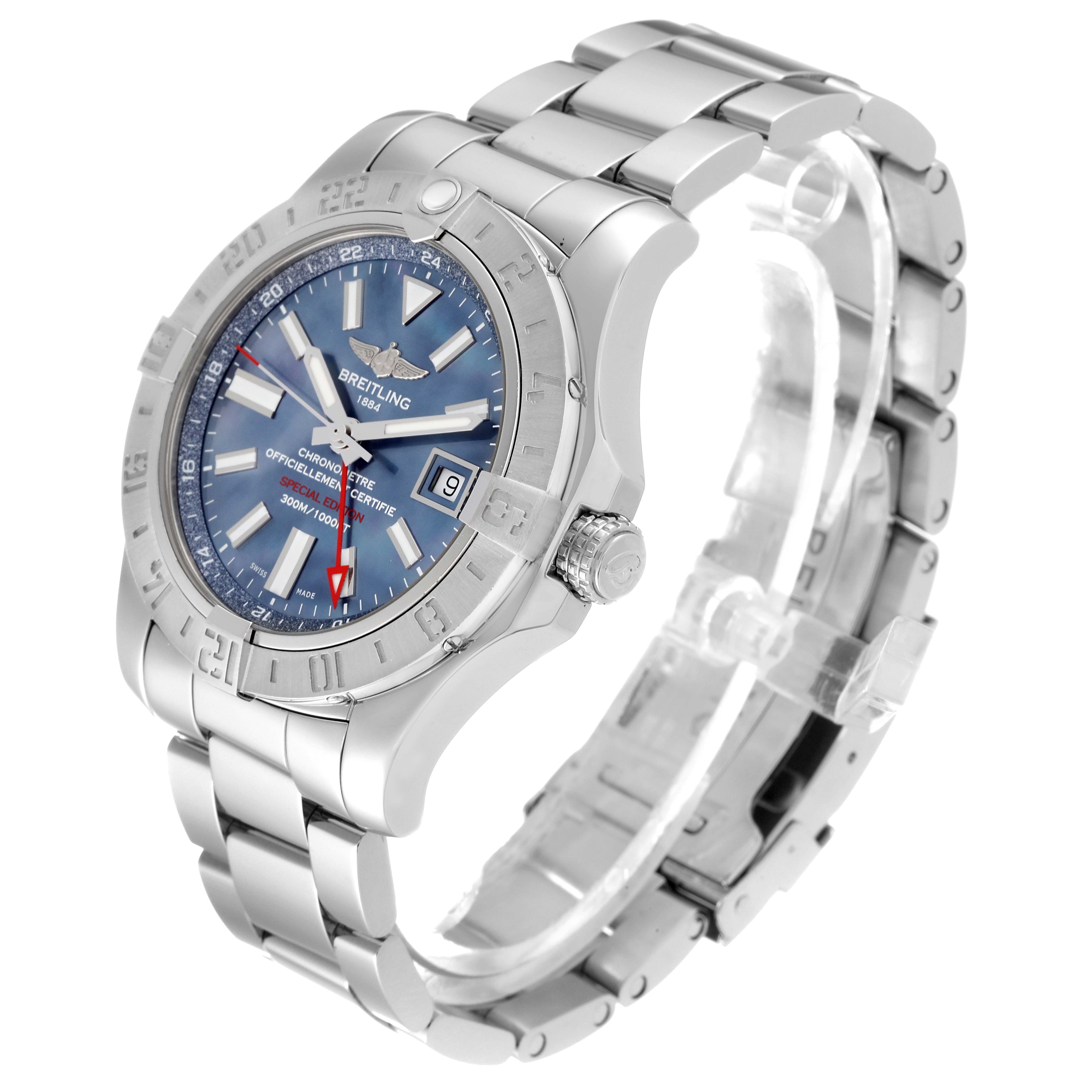 The image shows a side angle view of a Breitling Avenger A32390 Men's Stainless Steel Mother of Pearl Dial A32390 Men's Stainless Steel Mother of Pearl Dial watch, highlighting the dial, bezel, crown, and bracelet.