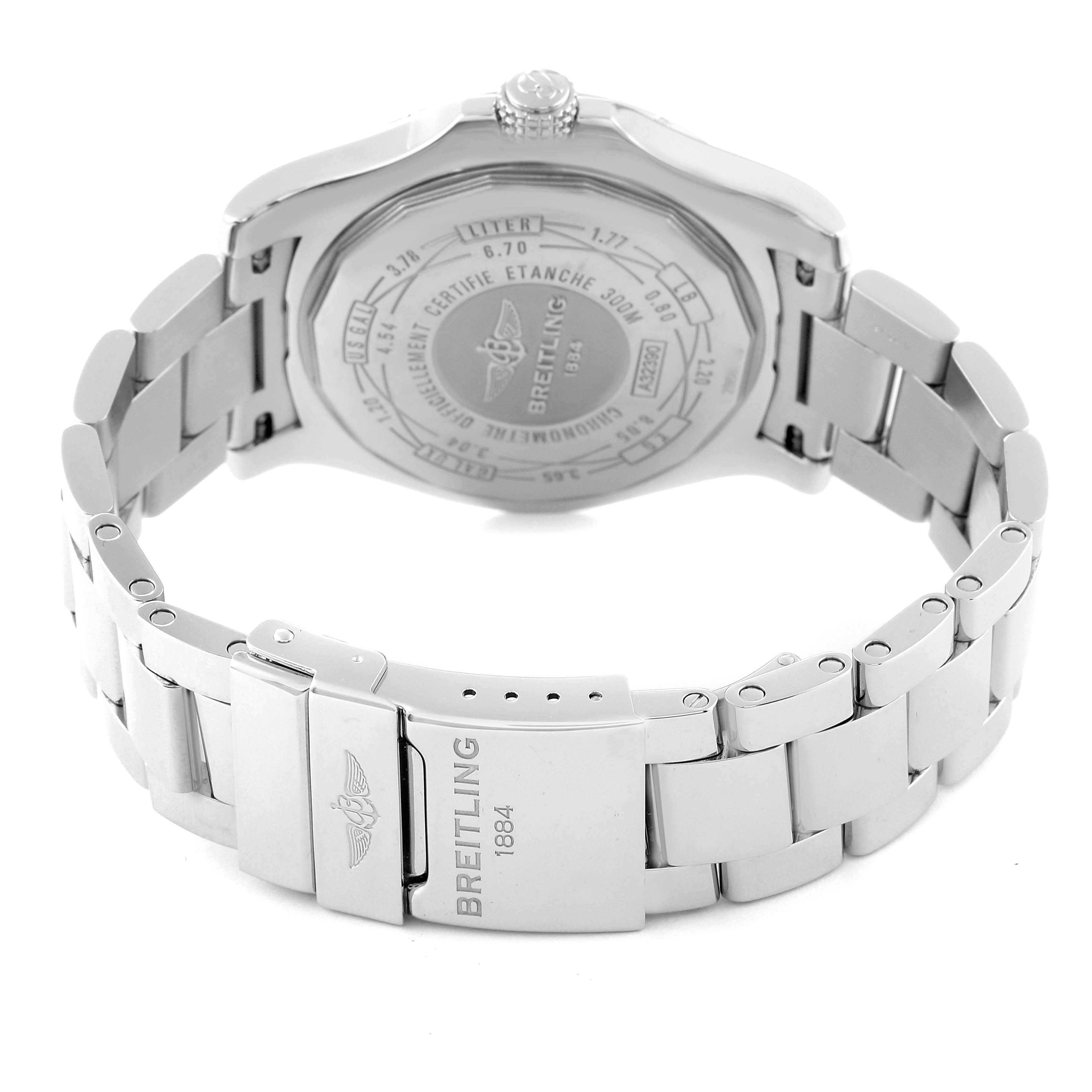 This image shows the back case and bracelet of a Breitling Avenger A32390 Men's Stainless Steel Mother of Pearl Dial A32390 Men's Stainless Steel Mother of Pearl Dial watch from a rear angle.