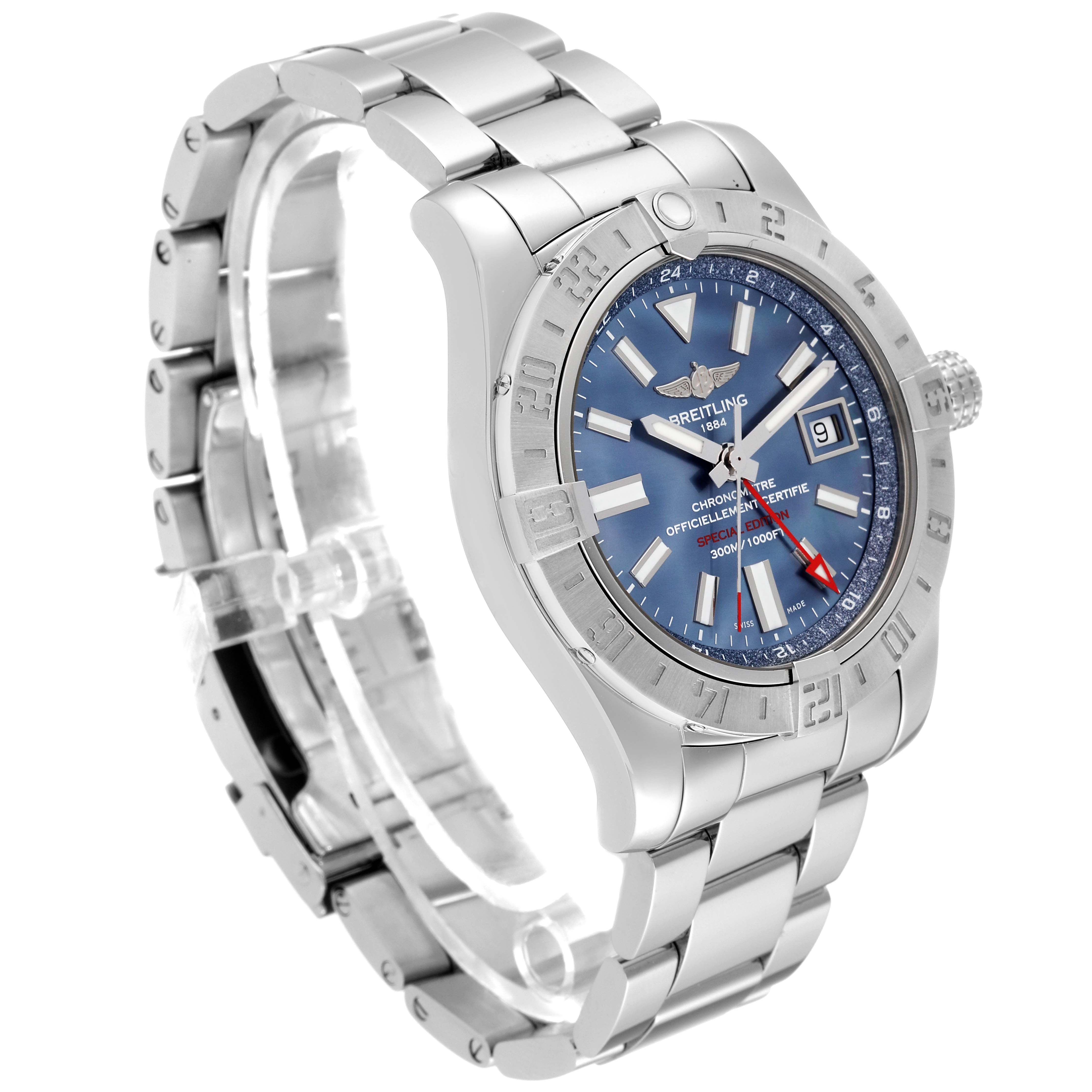 The image shows a Breitling Avenger A32390 Men's Stainless Steel Mother of Pearl Dial A32390 Men's Stainless Steel Mother of Pearl Dial watch from a left front angle, highlighting the dial, bezel, bracelet, and crown.