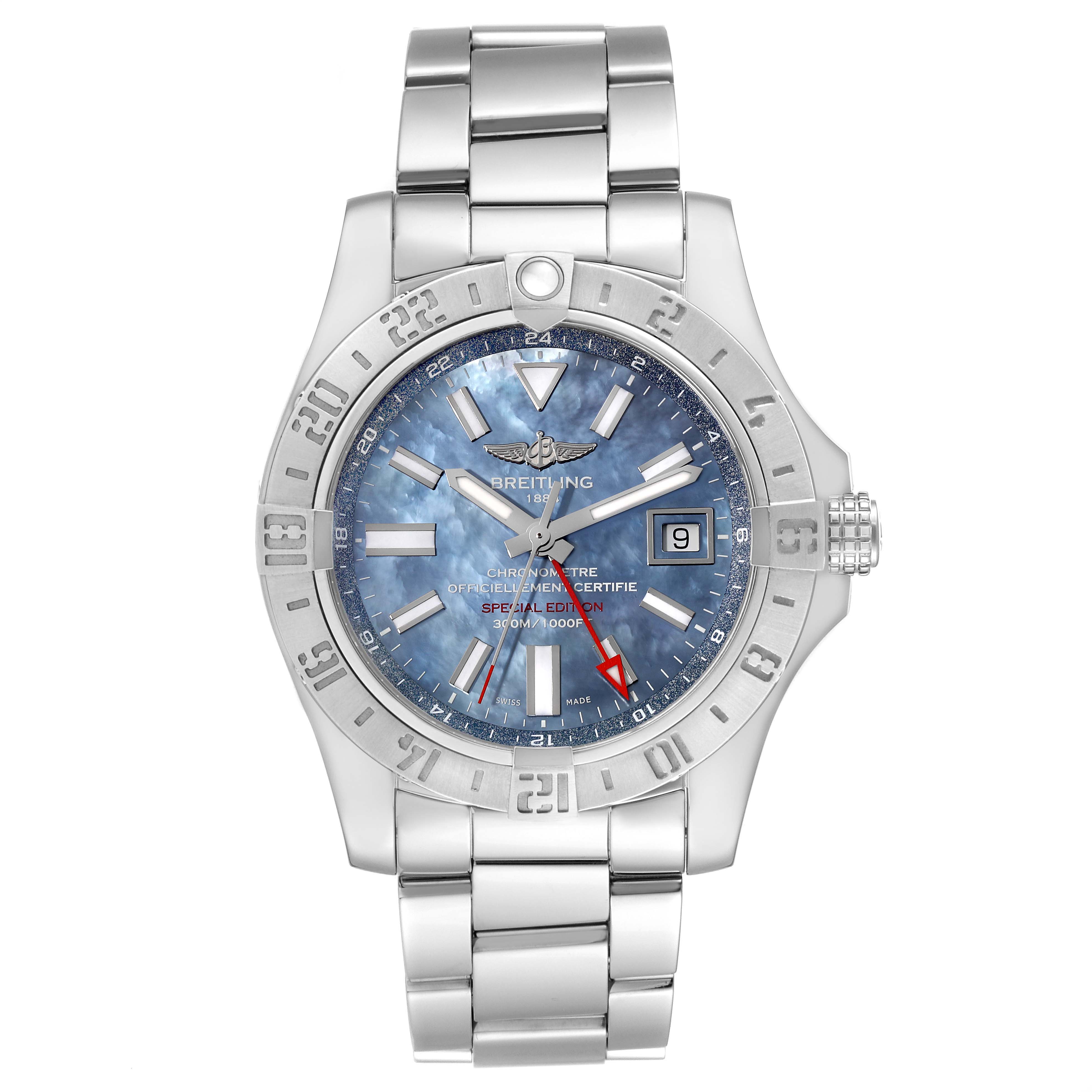 The image shows a front view of the Breitling Avenger A32390 Men's Stainless Steel Mother of Pearl Dial A32390 Men's Stainless Steel Mother of Pearl Dial watch, highlighting the dial, bezel, and stainless steel bracelet.