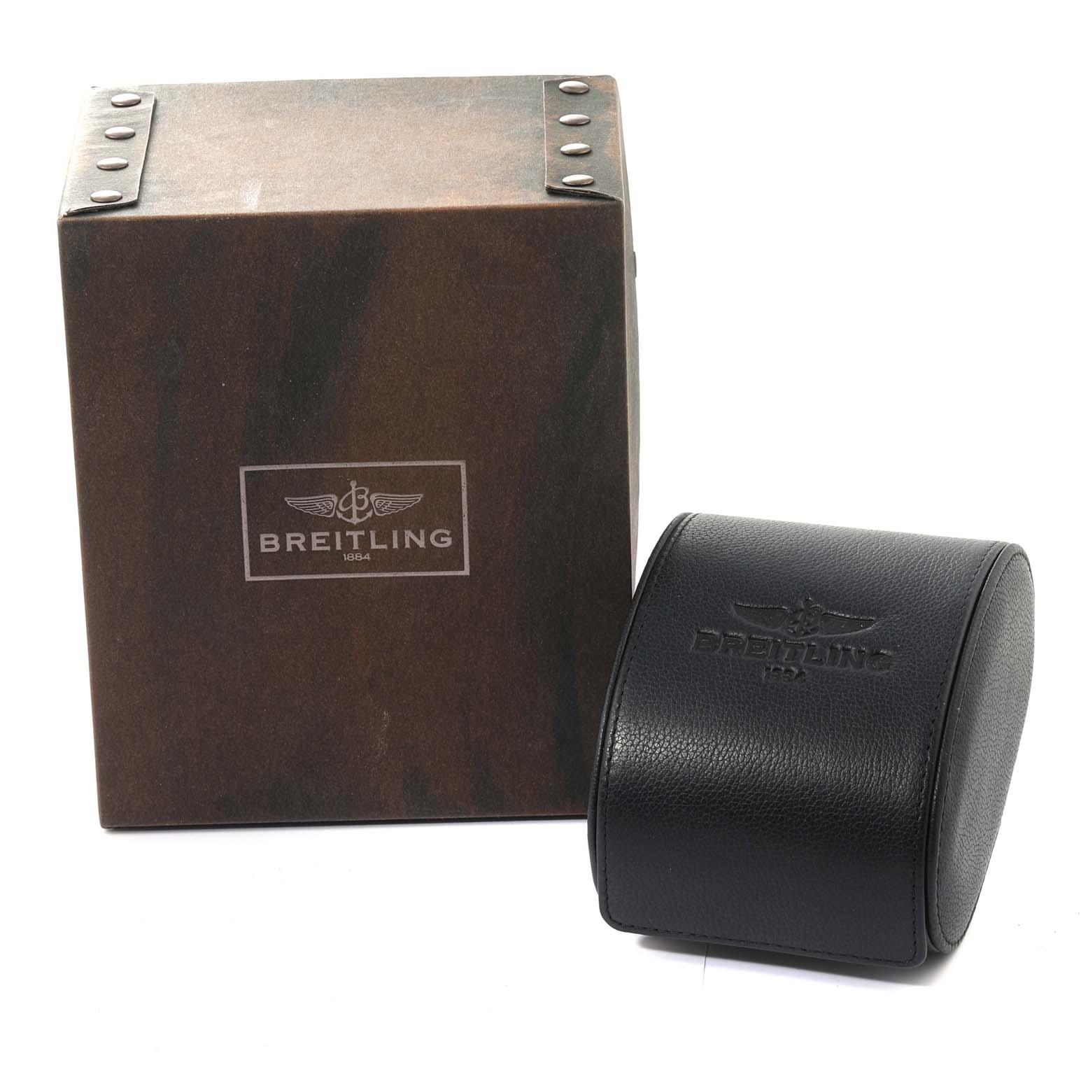 The image shows the box and leather case for a Breitling Avenger A32390 Men's Stainless Steel Mother of Pearl Dial A32390 Men's Stainless Steel Mother of Pearl Dial watch.