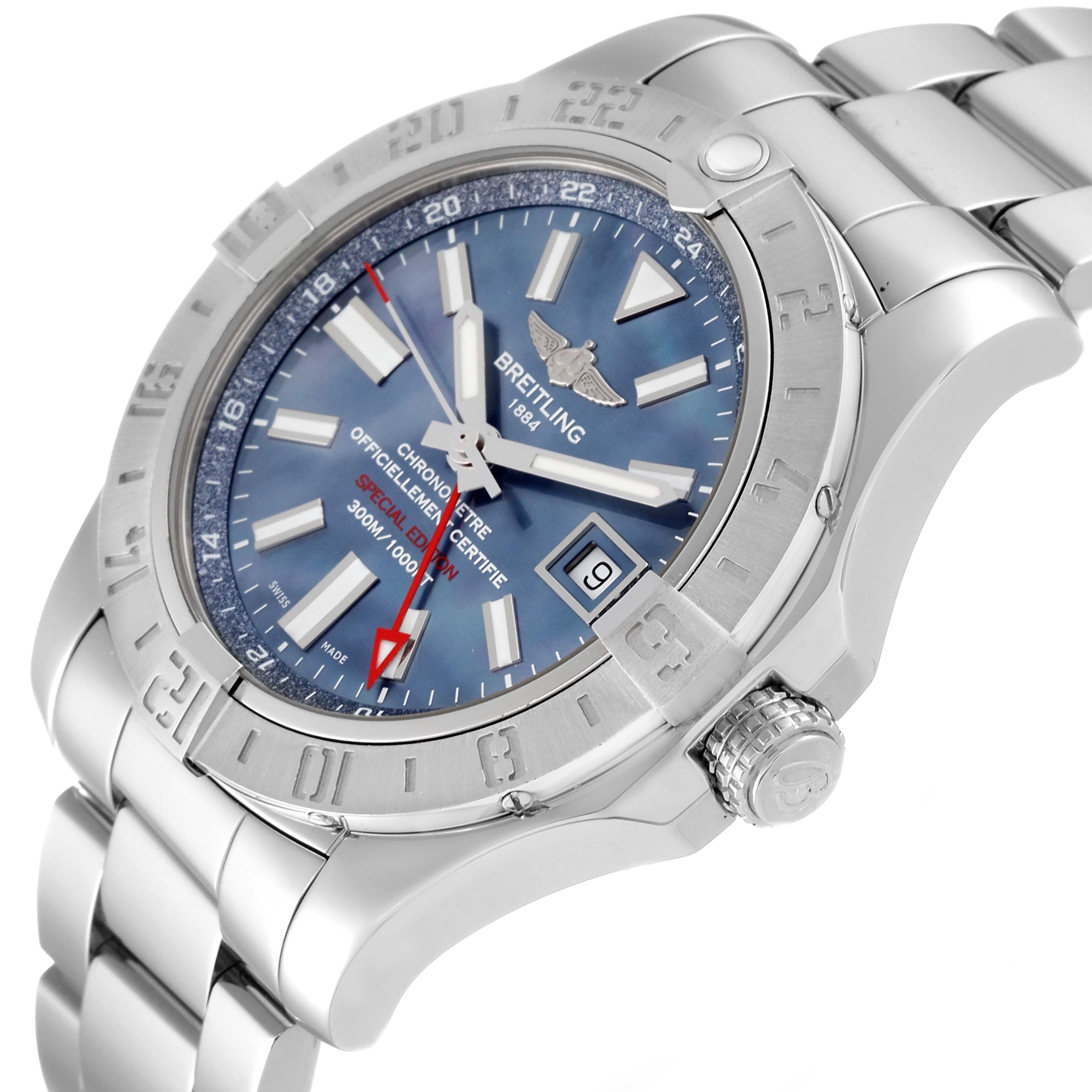The image shows a side angle of the Breitling Avenger A32390 Men's Stainless Steel Mother of Pearl Dial A32390 Men's Stainless Steel Mother of Pearl Dial watch, highlighting the dial, bezel, crown, and bracelet.