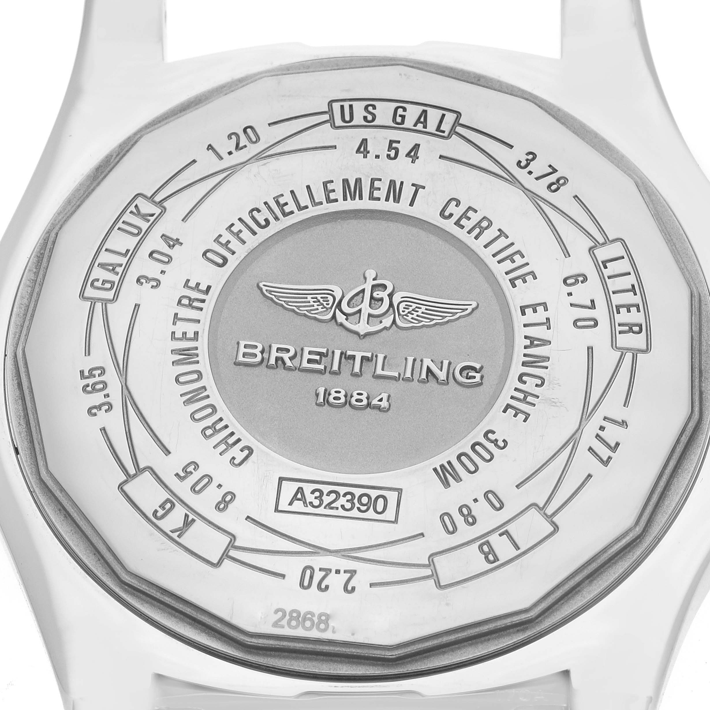 This image shows the back case of a Breitling Avenger A32390 Men's Stainless Steel Mother of Pearl Dial A32390 Men's Stainless Steel Mother of Pearl Dial watch, detailing its specifications and branding.
