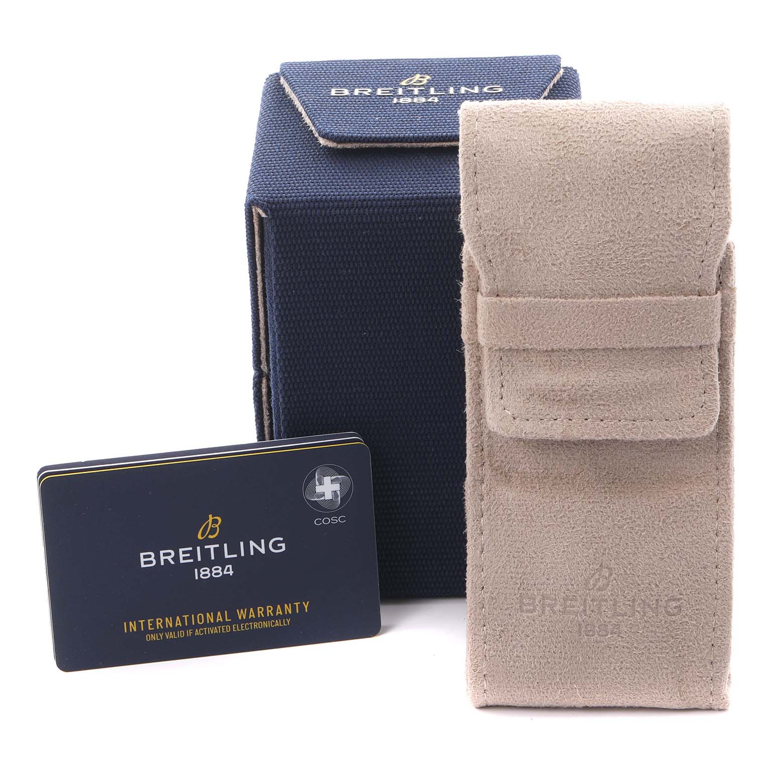 The image shows a Breitling Avenger V13317 Men's Titanium Black Dial V13317 Men's Titanium Black Dial watch accessories set, including a navy box, a beige pouch, and an international warranty card.