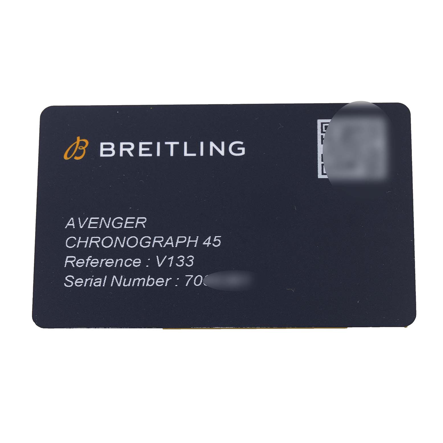 This image shows a Breitling Avenger V13317 Men's Titanium Black Dial V13317 Men's Titanium Black Dial Chronograph 45 warranty card with model and serial number details.