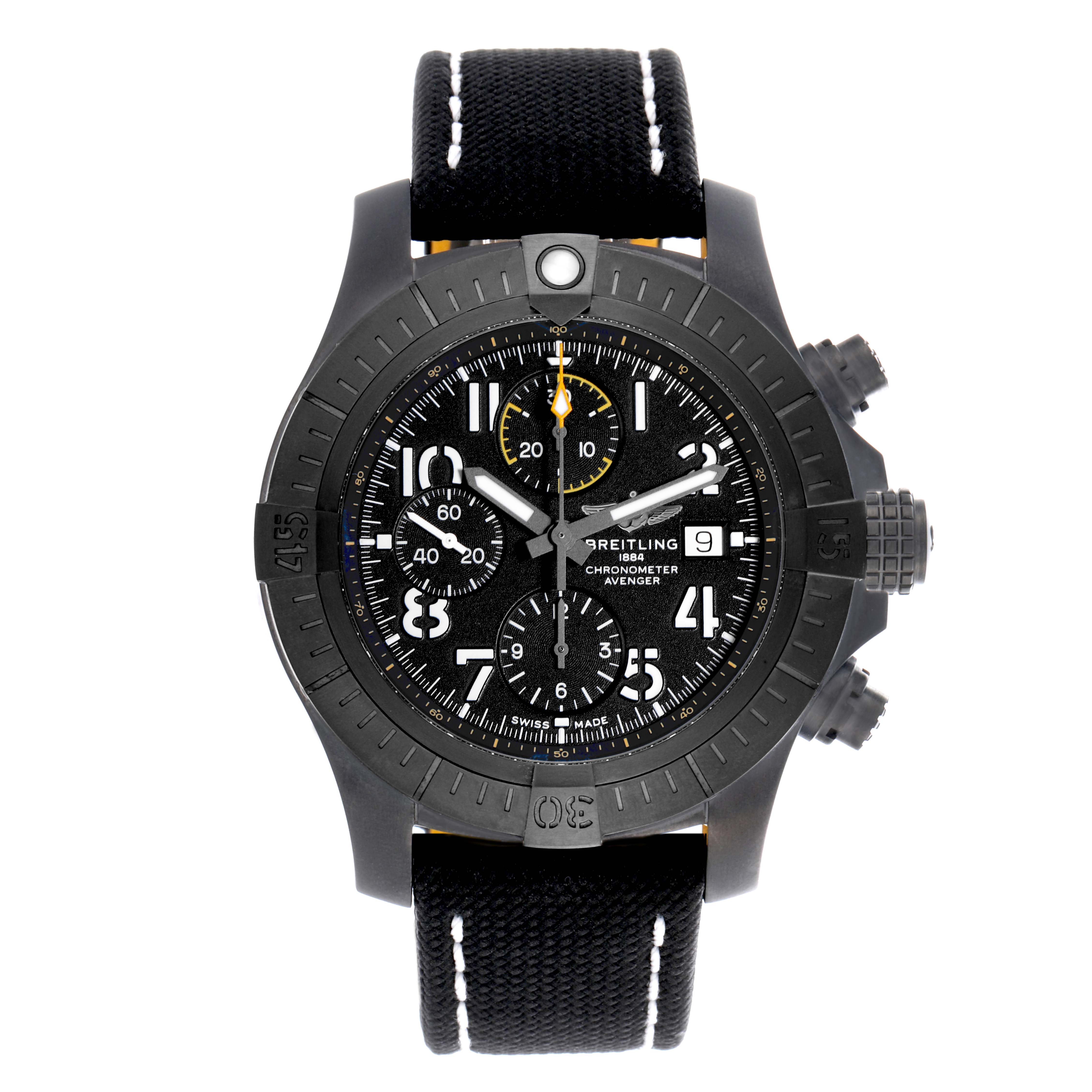 The Breitling Avenger V13317 Men's Titanium Black Dial V13317 Men's Titanium Black Dial watch is shown from a front angle highlighting the black dial, subdials, date display, and strap.
