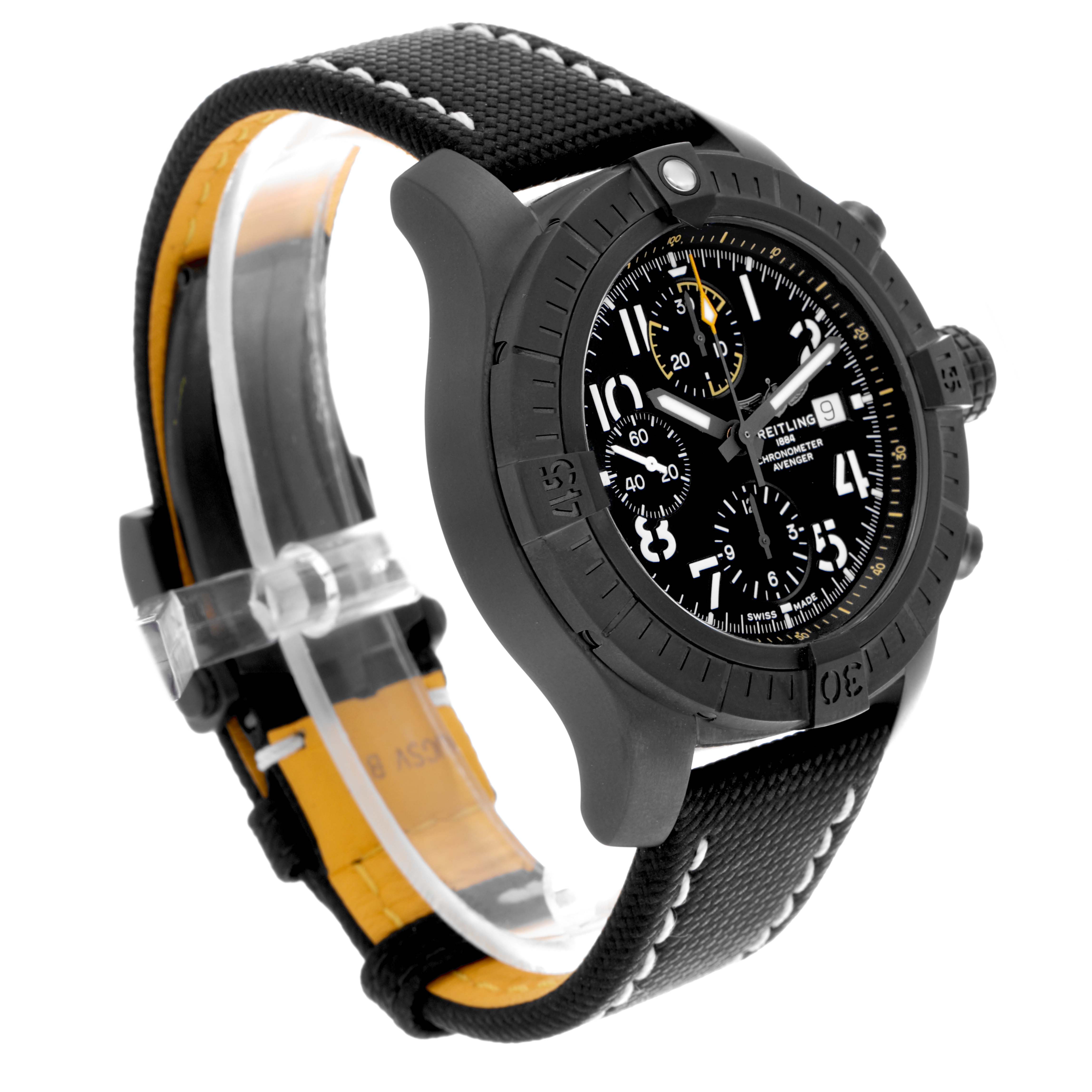 The Breitling Avenger V13317 Men's Titanium Black Dial V13317 Men's Titanium Black Dial watch is shown at a slight side angle, displaying the face, bezel, strap, and crown.