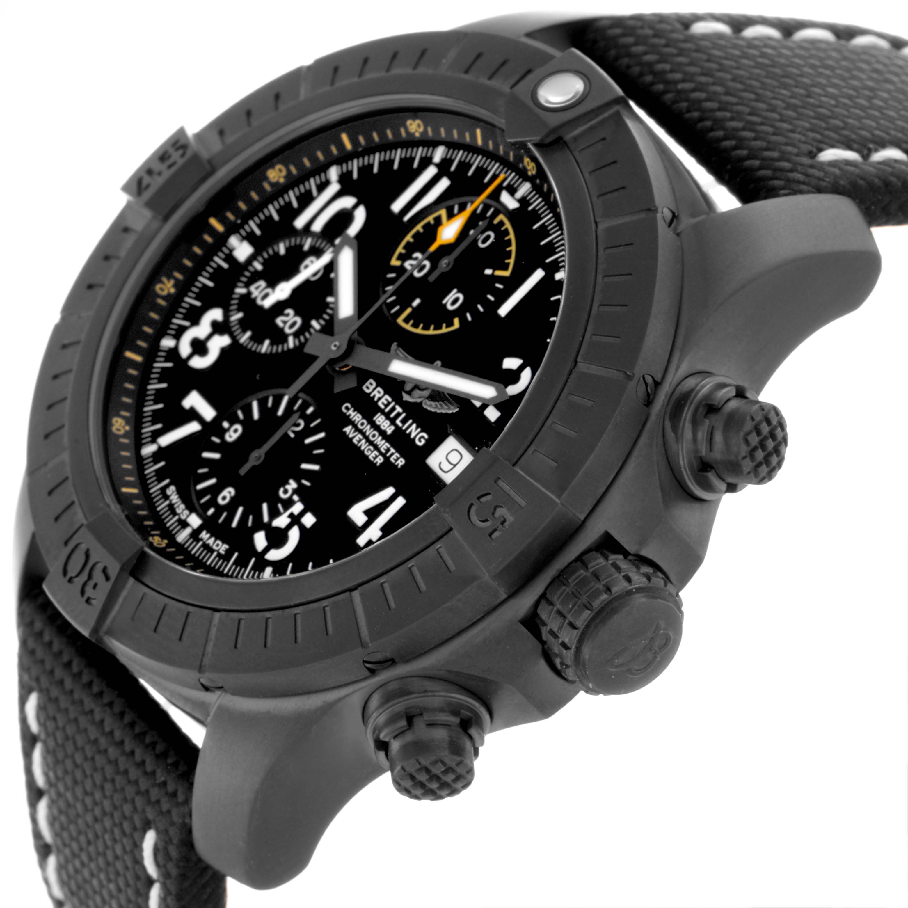The Breitling Avenger V13317 Men's Titanium Black Dial V13317 Men's Titanium Black Dial watch is shown at a slight side angle, revealing the dial, bezel, crown, pushers, and strap detail.