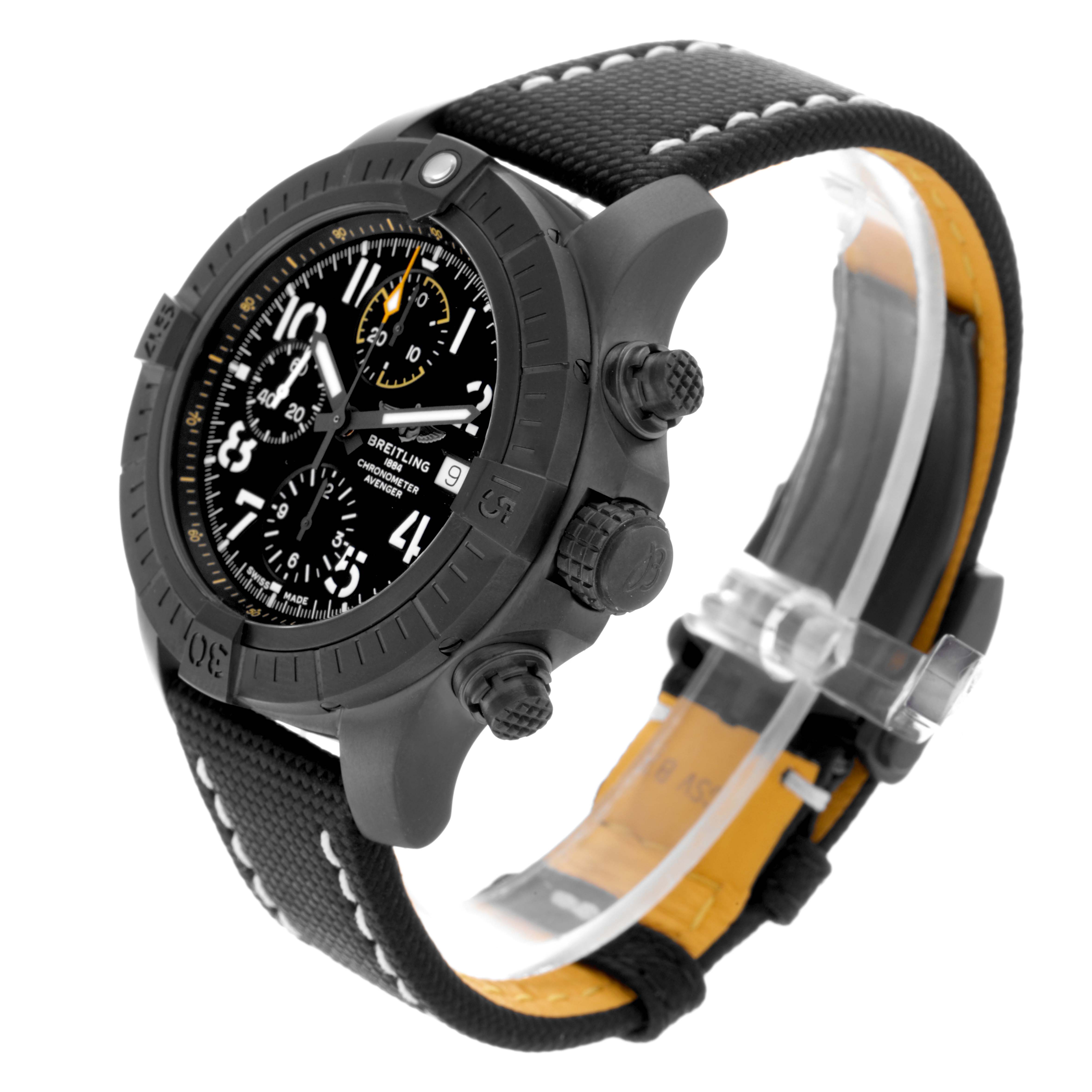 The image shows a Breitling Avenger V13317 Men's Titanium Black Dial V13317 Men's Titanium Black Dial watch at a three-quarter angle, displaying its black dial, bezel, and strap with visible pushers.