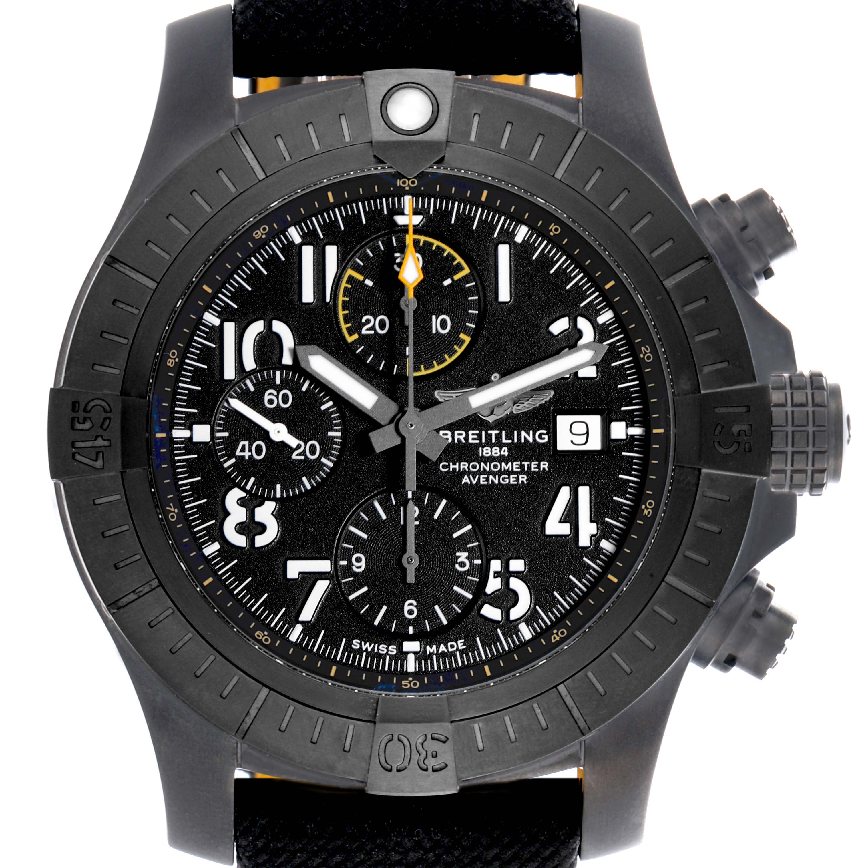 The Breitling Avenger V13317 Men's Titanium Black Dial V13317 Men's Titanium Black Dial watch is shown from a top-down angle, highlighting the face, bezel, and side buttons.