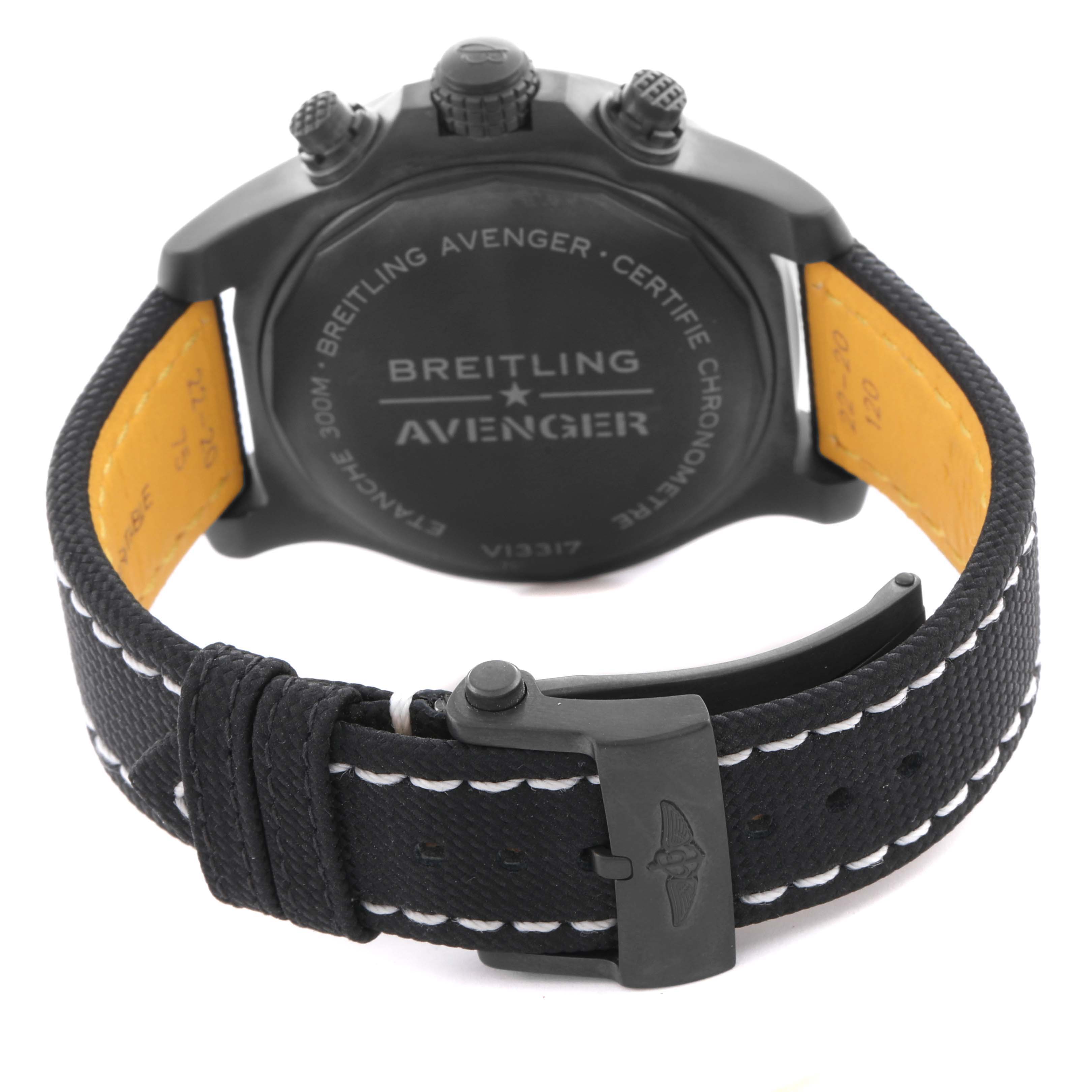 The image shows the back of a Breitling Avenger V13317 Men's Titanium Black Dial V13317 Men's Titanium Black Dial watch, highlighting the case back, strap, buckle, and pushers on the side.