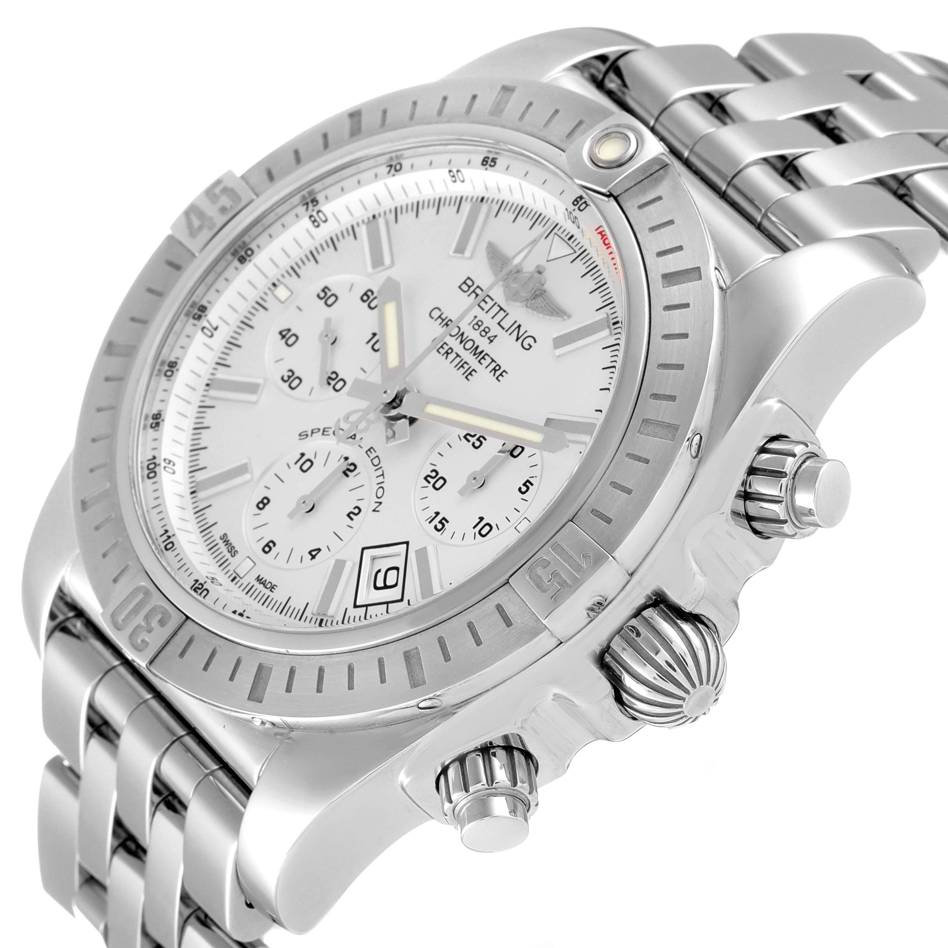 The image shows a Breitling Chronomat AB0115 Men
s Stainless Steel Silver Dial AB0115 Men
s Stainless Steel Silver Dial watch at an angle highlighting the dial, bezel, crown, pushers, and partially the bracelet.