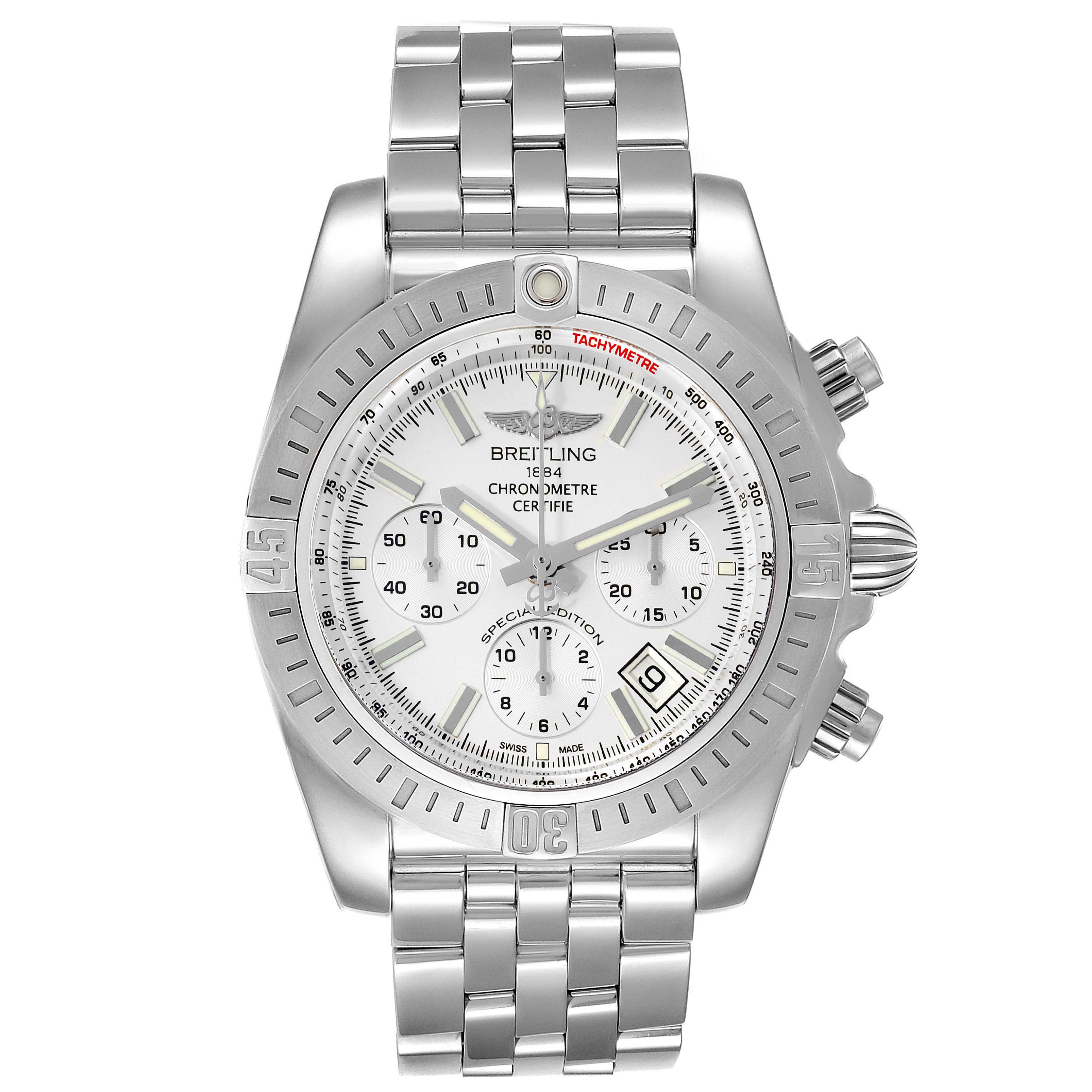 The image shows a front view of the Breitling Chronomat AB0115 Men
s Stainless Steel Silver Dial AB0115 Men
s Stainless Steel Silver Dial watch, highlighting the face, dial, bezel, and bracelet.