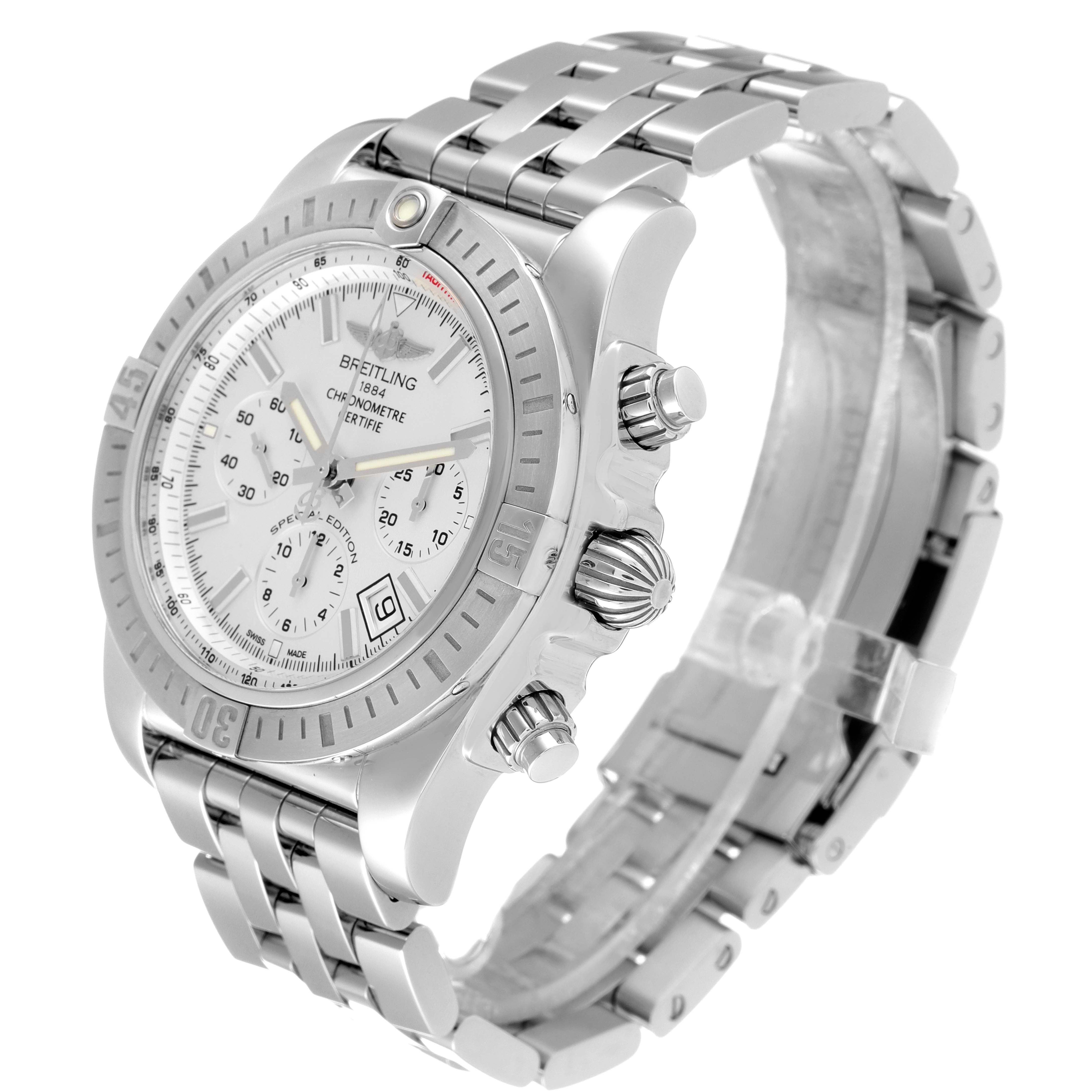 This image shows a Breitling Chronomat AB0115 Men
s Stainless Steel Silver Dial AB0115 Men
s Stainless Steel Silver Dial watch, angled slightly to display the dial, chronograph sub-dials, crown, and bracelet.