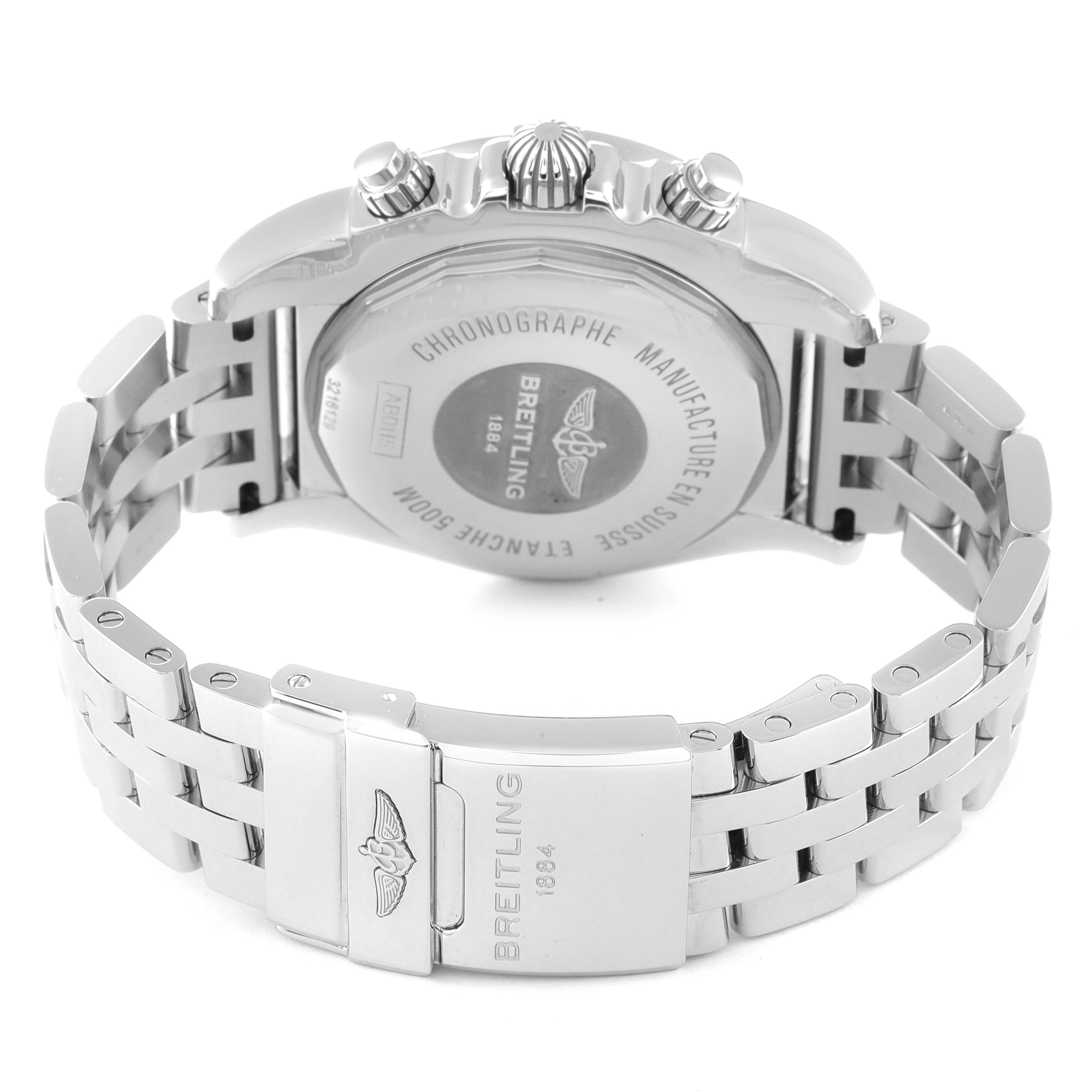 The image shows the back and bracelet of a Breitling Chronomat AB0115 Men
s Stainless Steel Silver Dial AB0115 Men
s Stainless Steel Silver Dial watch at an angled side view.