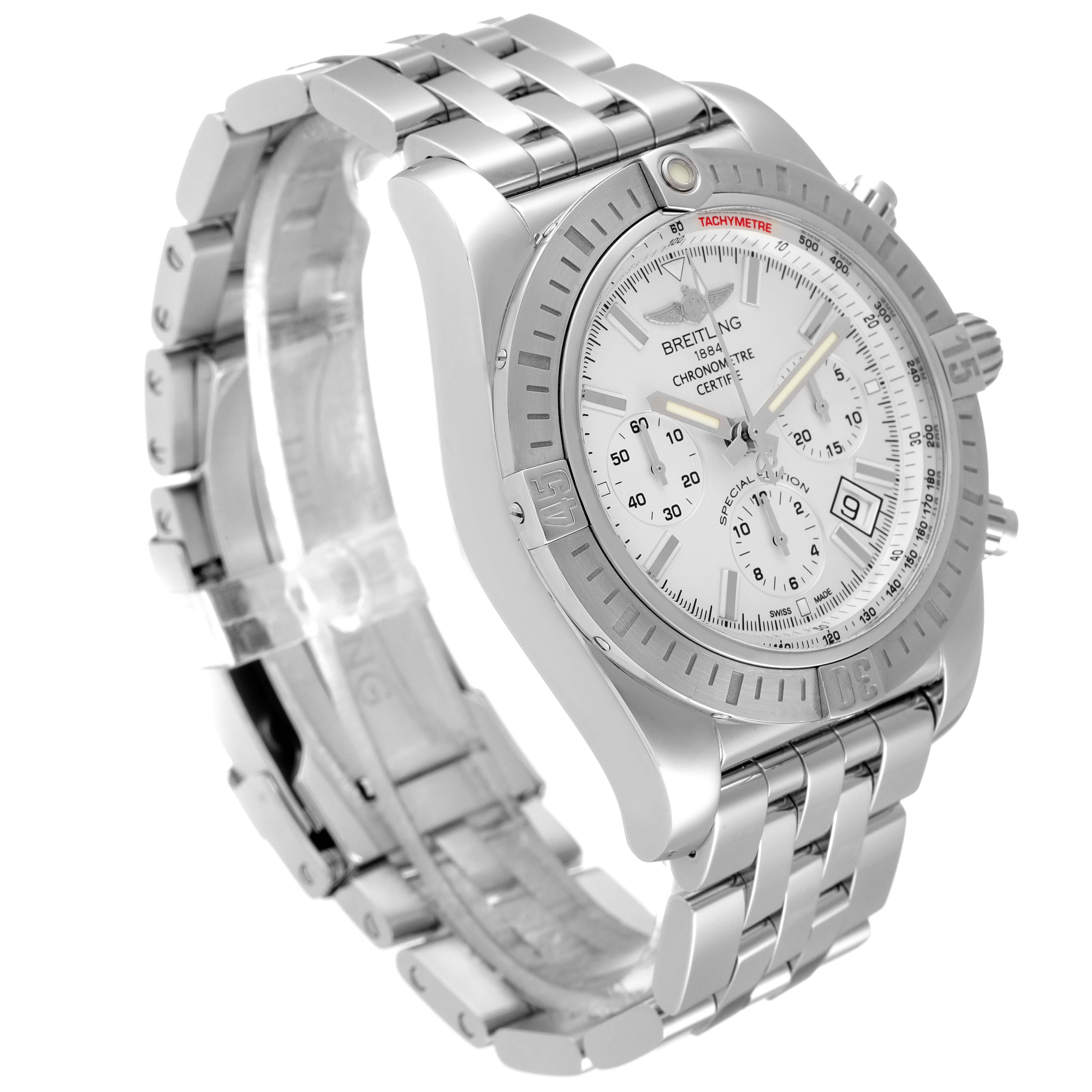 The Breitling Chronomat AB0115 Men
s Stainless Steel Silver Dial AB0115 Men
s Stainless Steel Silver Dial watch is shown at a three-quarter angle, highlighting the dial, bezel, and metal bracelet.