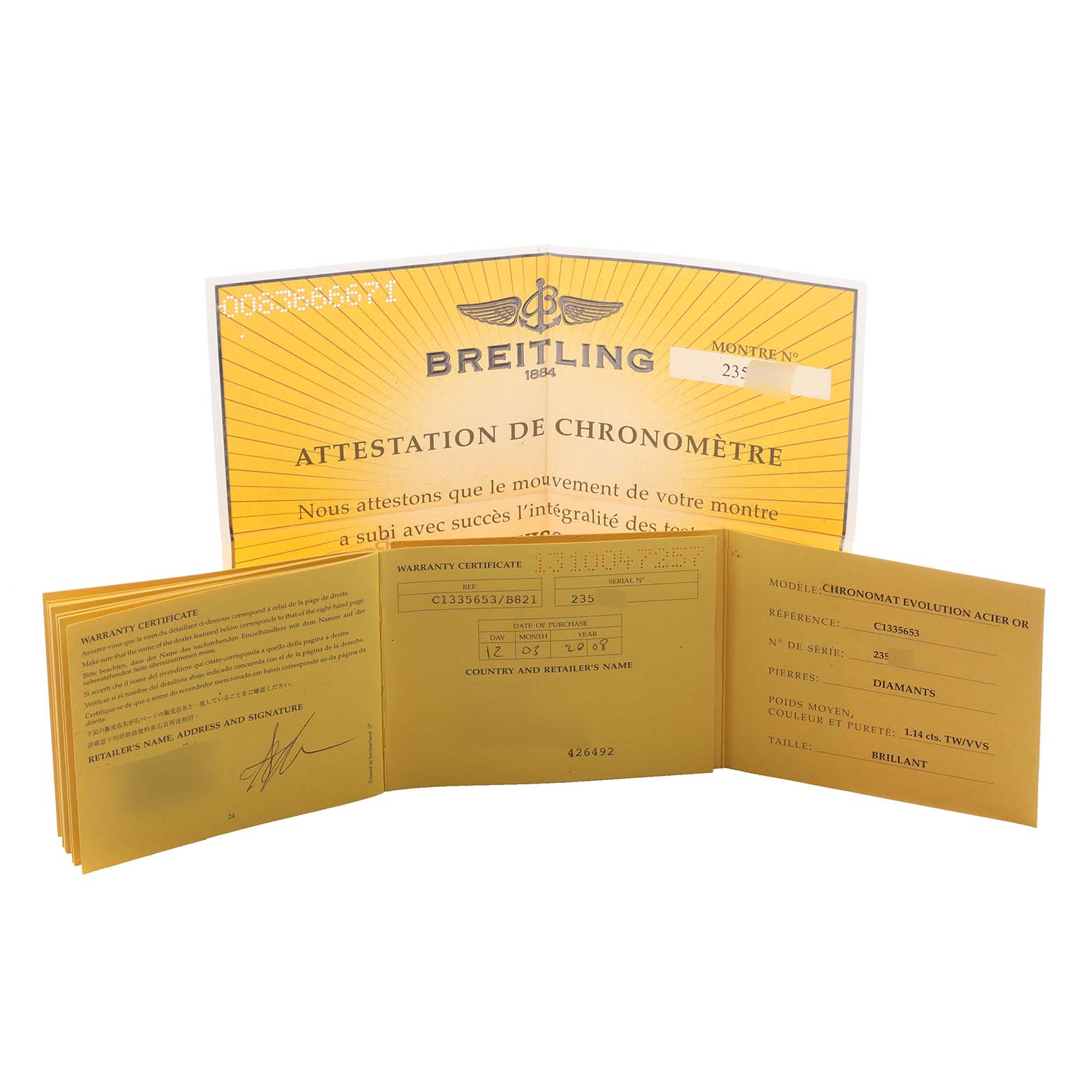 This image shows warranty and chronometer certification documents for a Breitling Chronomat C1335653/B821 Men's Steel and Gold (two tone) Black Dial C1335653/B821 Men's Steel and Gold (two tone) Black Dial model.