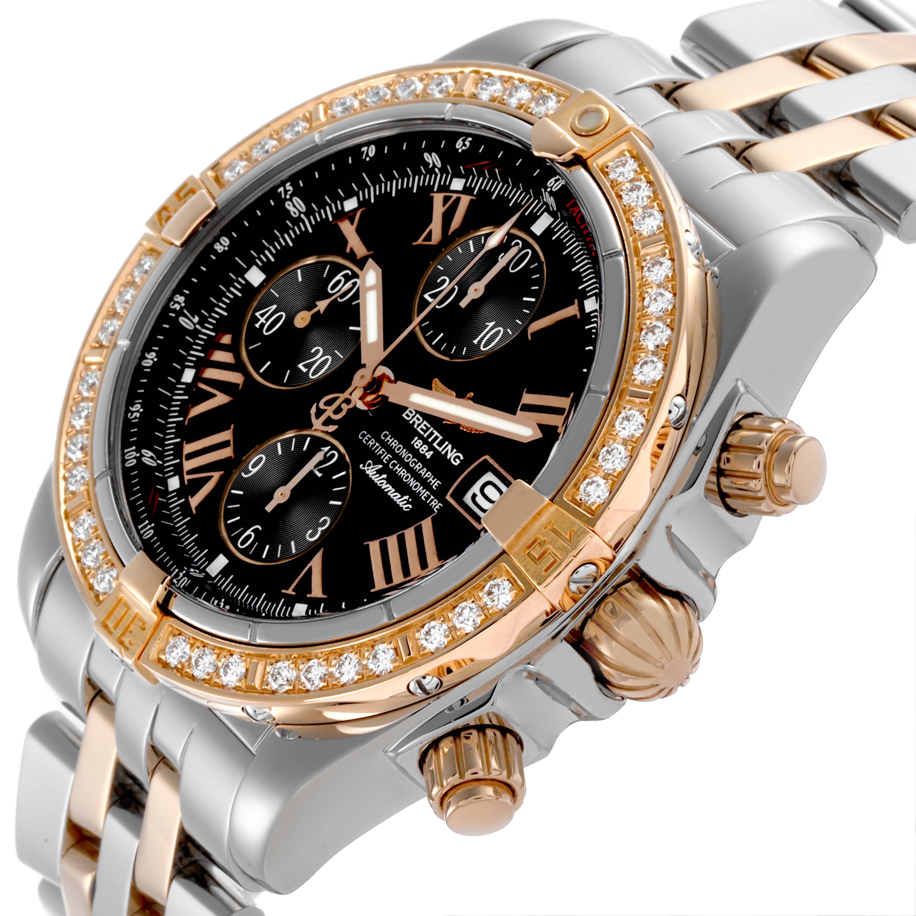 The Breitling Chronomat C1335653/B821 Men's Steel and Gold (two tone) Black Dial C1335653/B821 Men's Steel and Gold (two tone) Black Dial watch is shown at an angled view, highlighting the bezel, dial, and part of the bracelet.