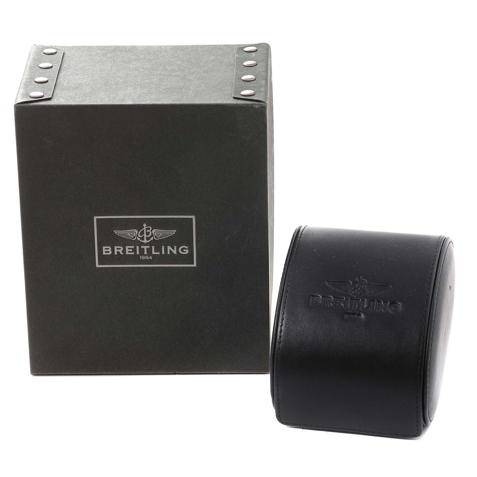 The image shows the packaging and leather case for a Breitling Navitimer AB0121 Men
s Stainless Steel Mother of Pearl Dial AB0121 Men
s Stainless Steel Mother of Pearl Dial watch, viewed from the front.