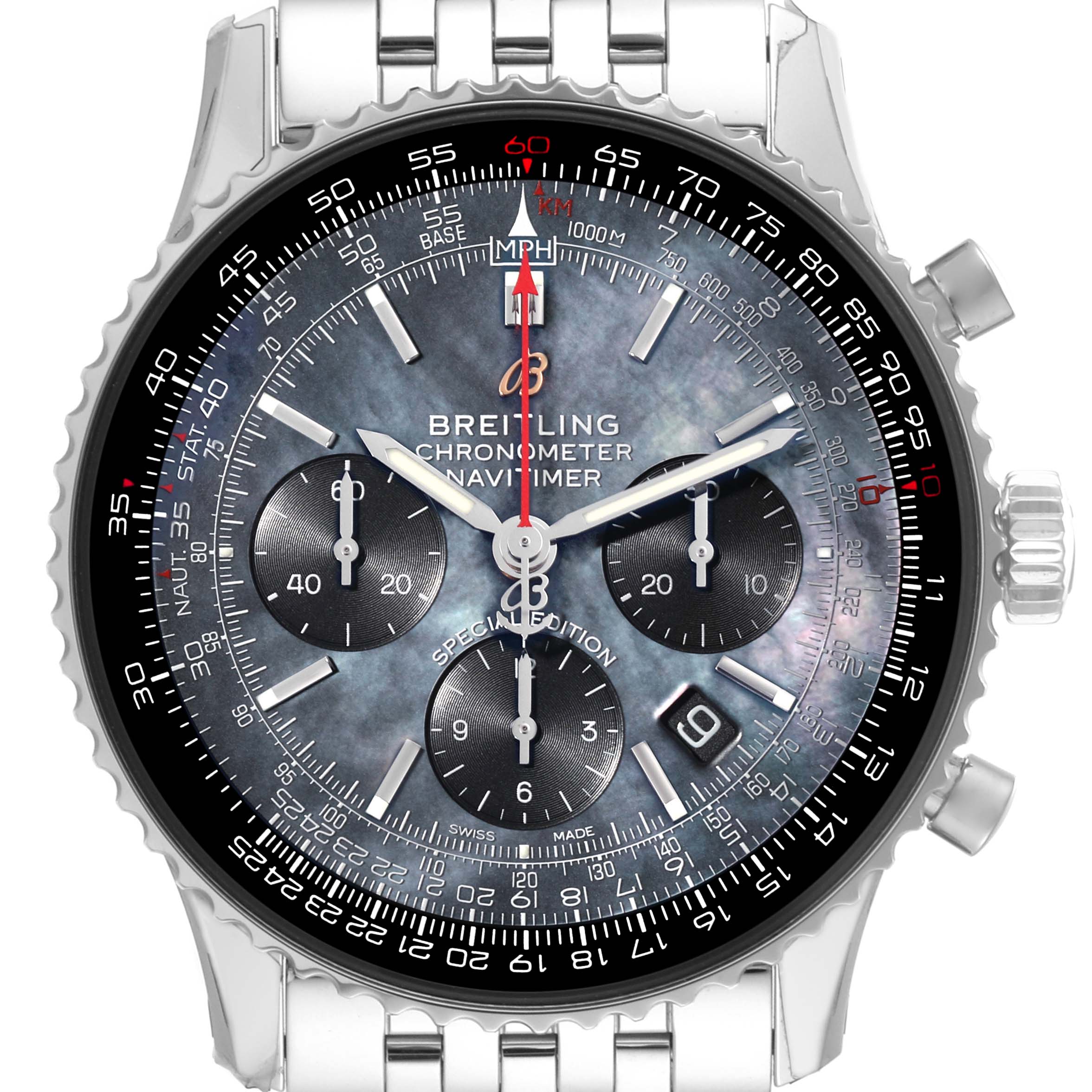 The image shows a Breitling Navitimer AB0121 Men
s Stainless Steel Mother of Pearl Dial AB0121 Men
s Stainless Steel Mother of Pearl Dial watch from the front, highlighting its chronograph, dial, and bezel details.
