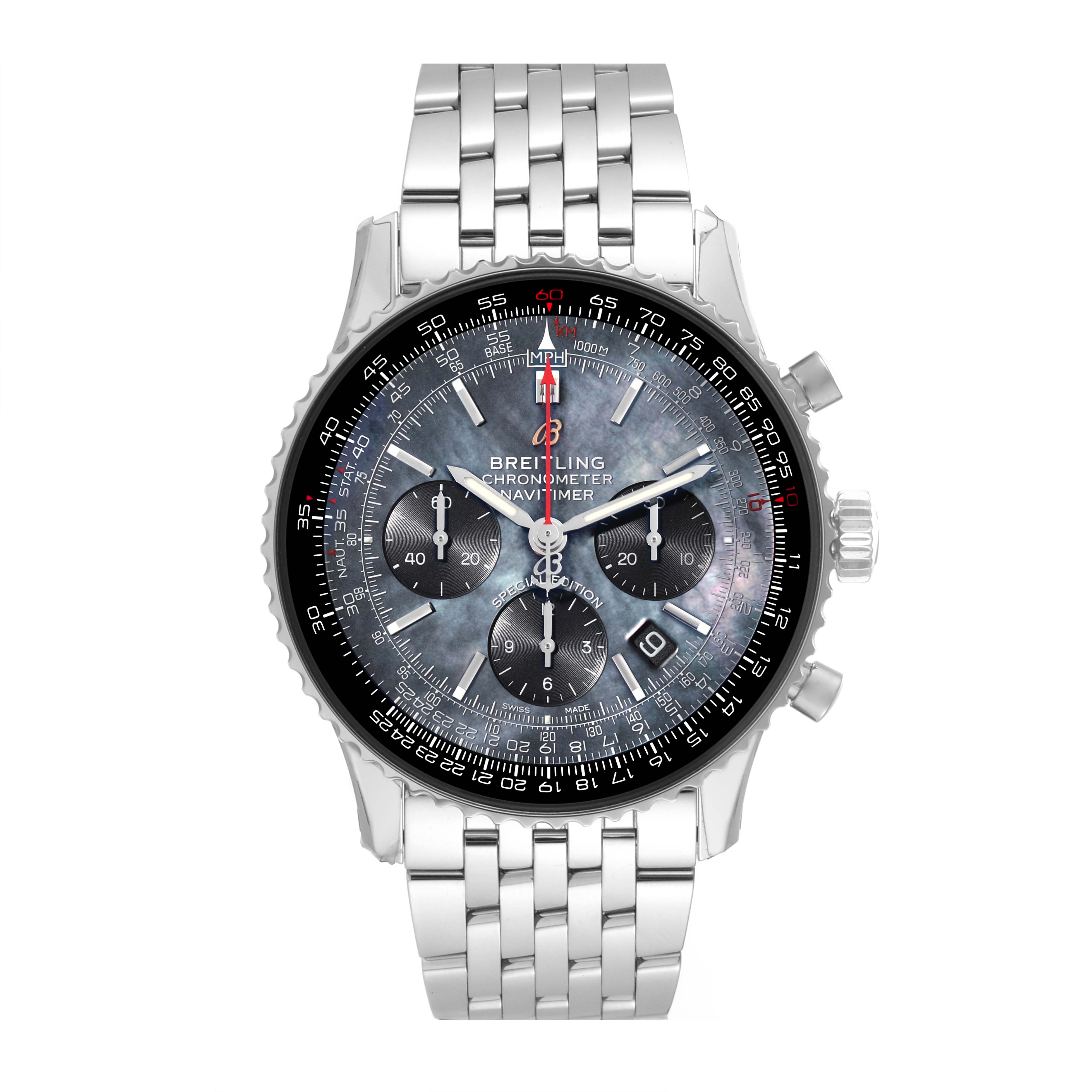 This image shows a front view of the Breitling Navitimer AB0121 Men
s Stainless Steel Mother of Pearl Dial AB0121 Men
s Stainless Steel Mother of Pearl Dial watch, featuring its detailed dial and metal bracelet.