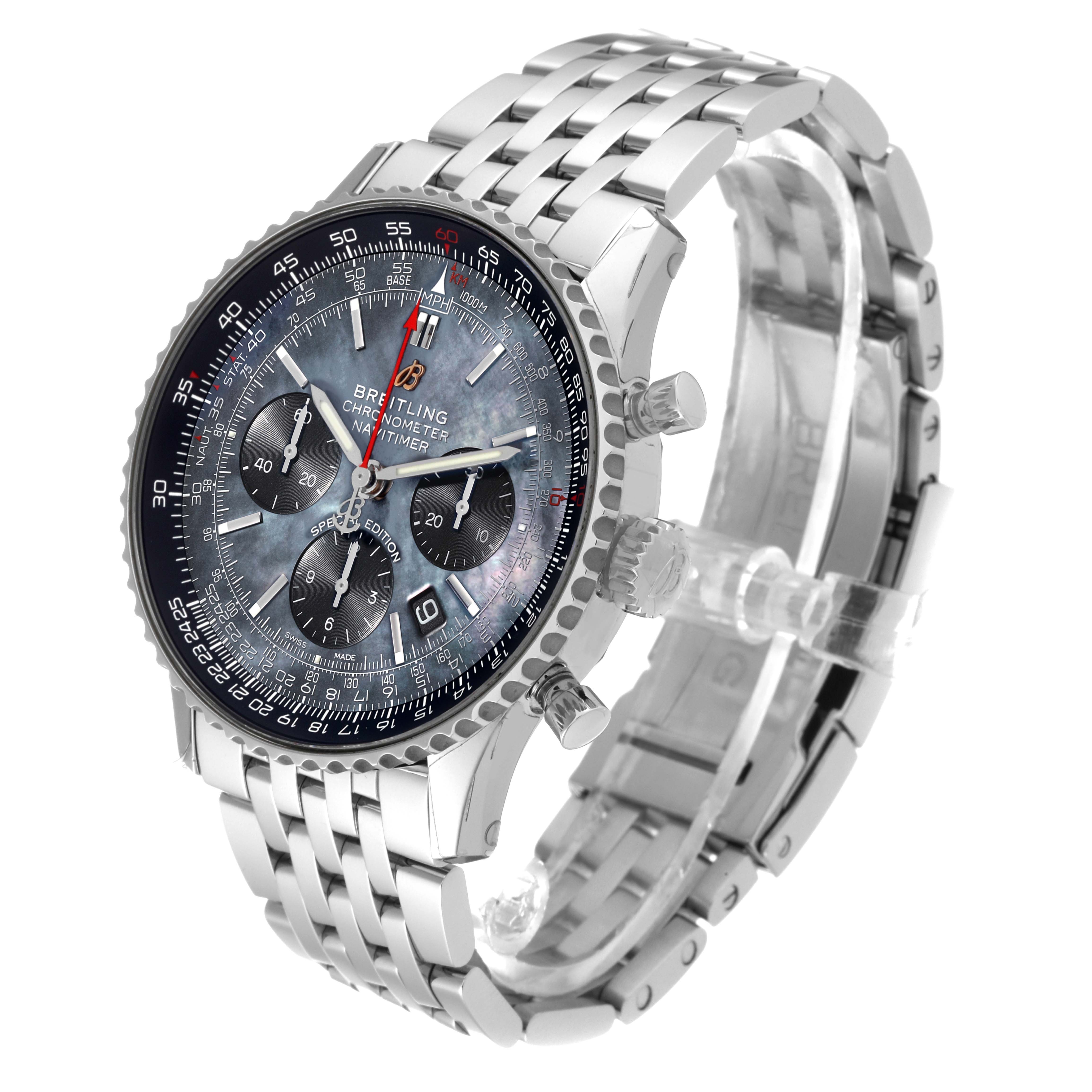 The Breitling Navitimer AB0121 Men
s Stainless Steel Mother of Pearl Dial AB0121 Men
s Stainless Steel Mother of Pearl Dial watch is shown from a three-quarter angle, highlighting the face, bezel, and metal bracelet.