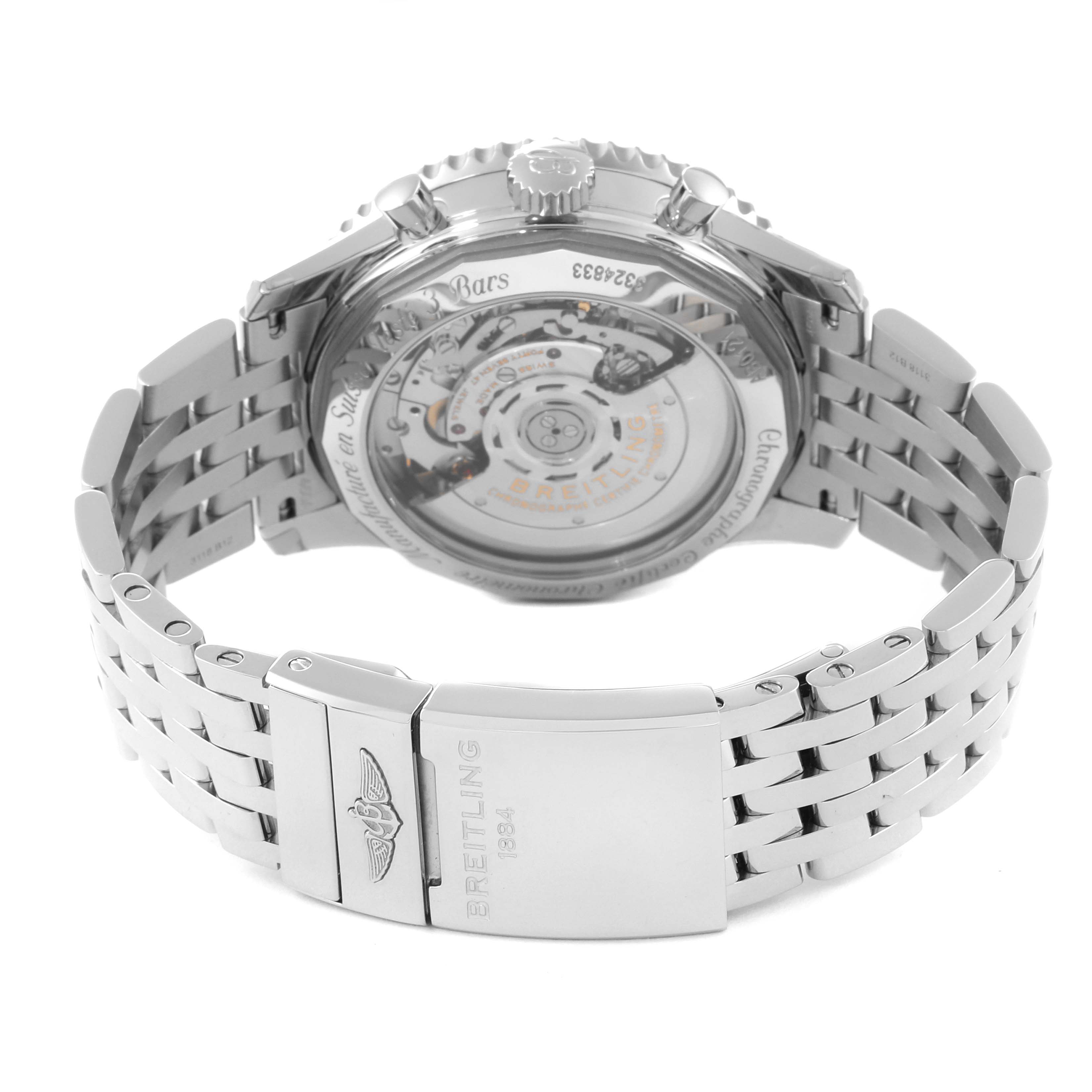 The image shows the back view of the Breitling Navitimer AB0121 Men
s Stainless Steel Mother of Pearl Dial AB0121 Men
s Stainless Steel Mother of Pearl Dial watch, focusing on its stainless steel bracelet and transparent case back.