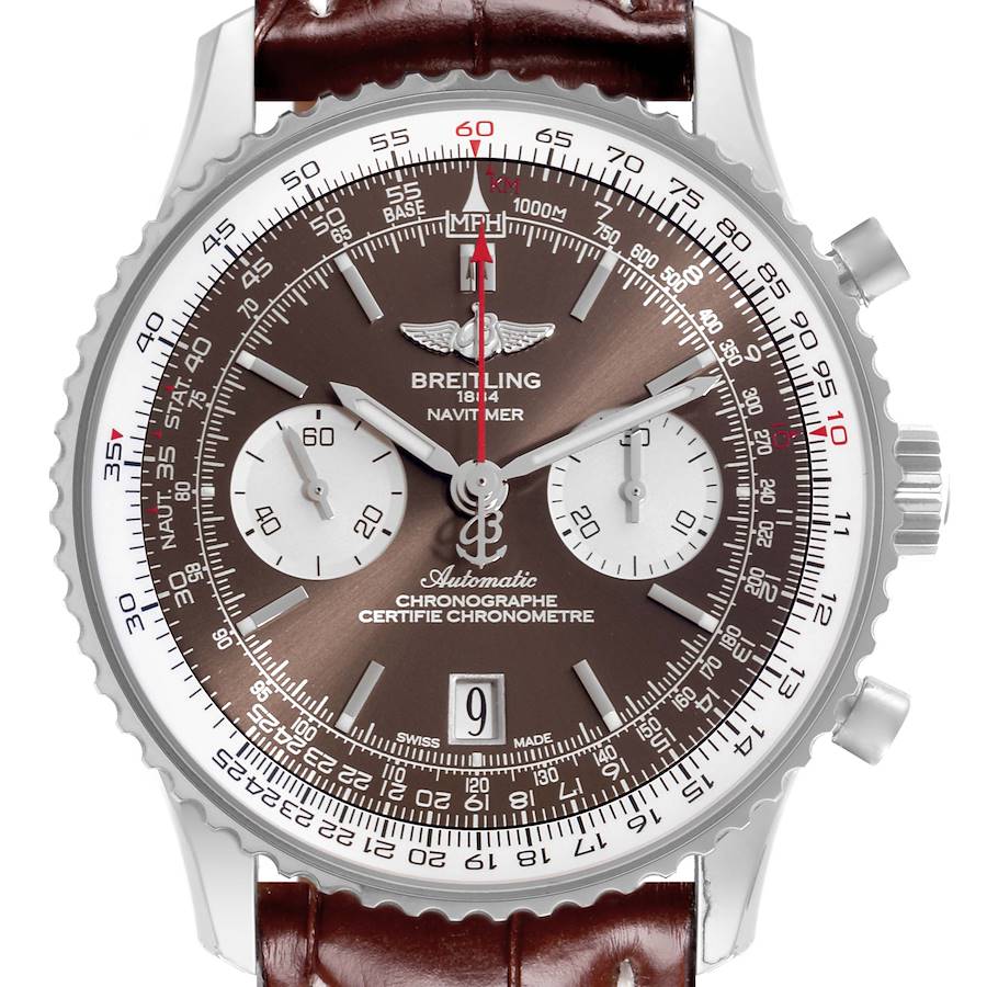 The Breitling Navitimer watch is shown from a front angle, displaying the face, bezel, crown, pushers, and leather strap.