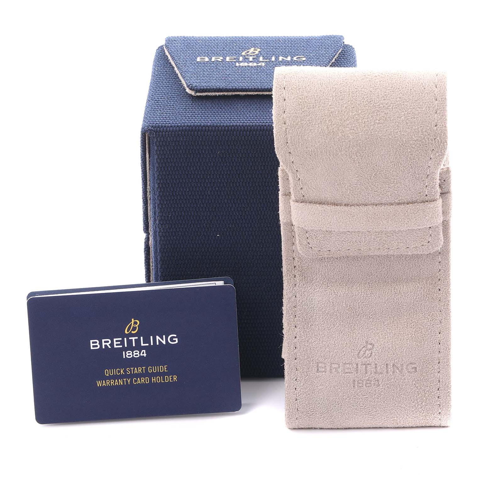 The image shows a Breitling Superocean UB2010161C1A1 Men's Stainless Steel Blue Dial UB2010161C1A1 Men's Stainless Steel Blue Dial model's packaging, warranty card holder, and a suede watch pouch.