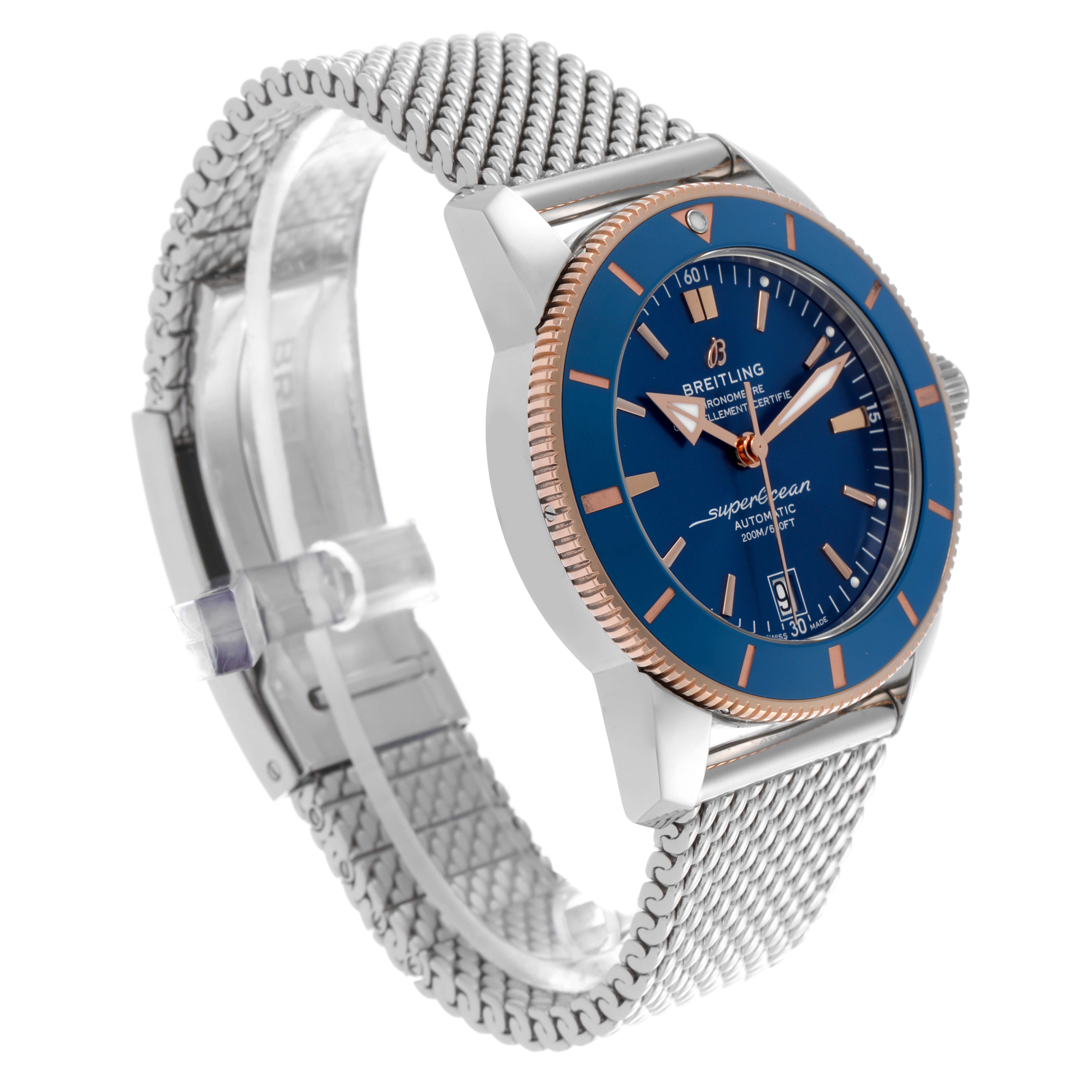 The Breitling Superocean UB2010161C1A1 Men's Stainless Steel Blue Dial UB2010161C1A1 Men's Stainless Steel Blue Dial watch is shown at a slight angle, displaying the face, bezel, crown, and part of the stainless steel bracelet.