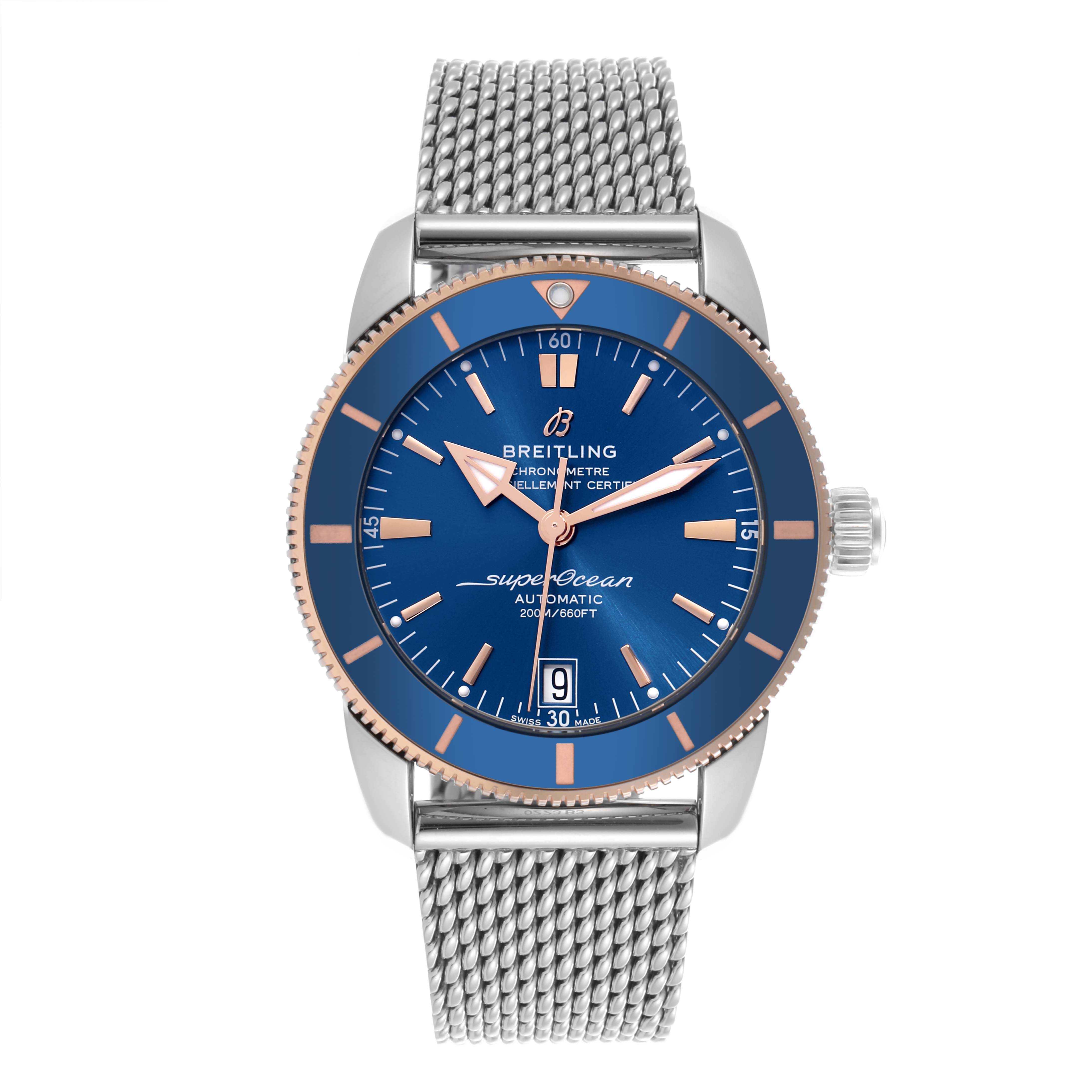 The Breitling Superocean UB2010161C1A1 Men's Stainless Steel Blue Dial UB2010161C1A1 Men's Stainless Steel Blue Dial watch is shown from a frontal angle, displaying its dial, bezel, crown, and mesh bracelet.