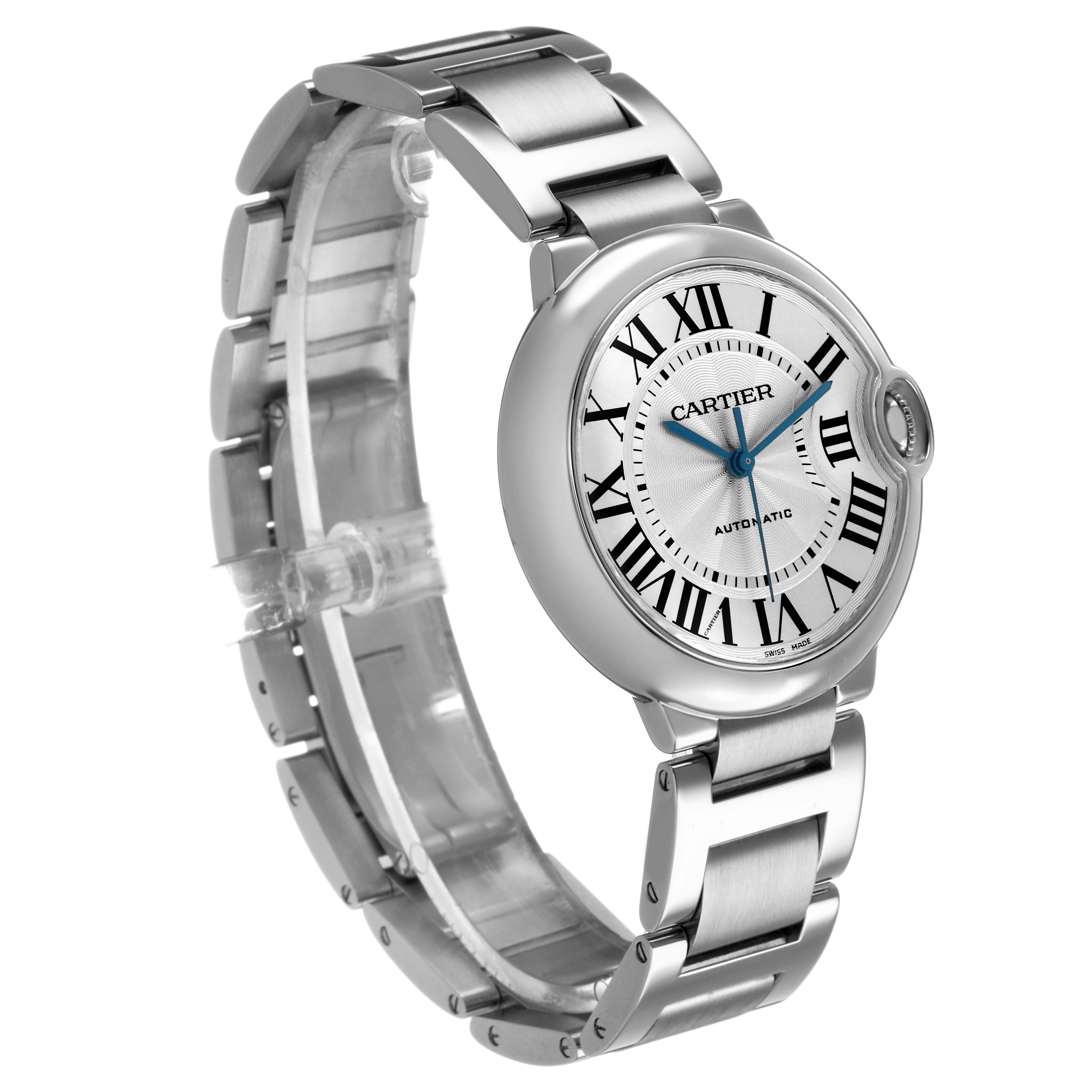 The Cartier Ballon Bleu W6920046 Women's Stainless Steel Silver Dial watch is shown at a three-quarter angle, displaying the face, bezel, case, and part of the bracelet.