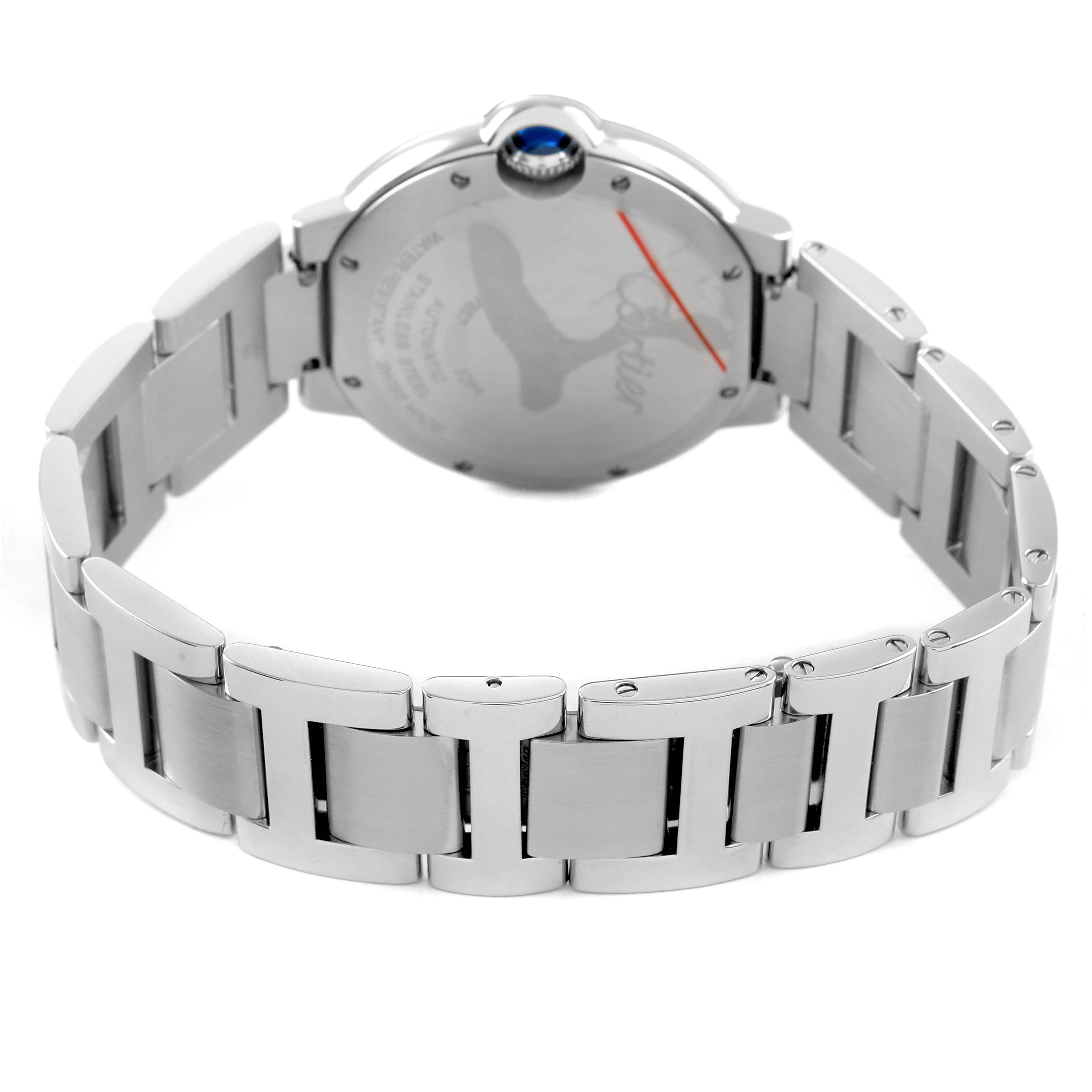 The Cartier Ballon Bleu W6920046 Women's Stainless Steel Silver Dial watch is shown from the back, highlighting the bracelet and case back.
