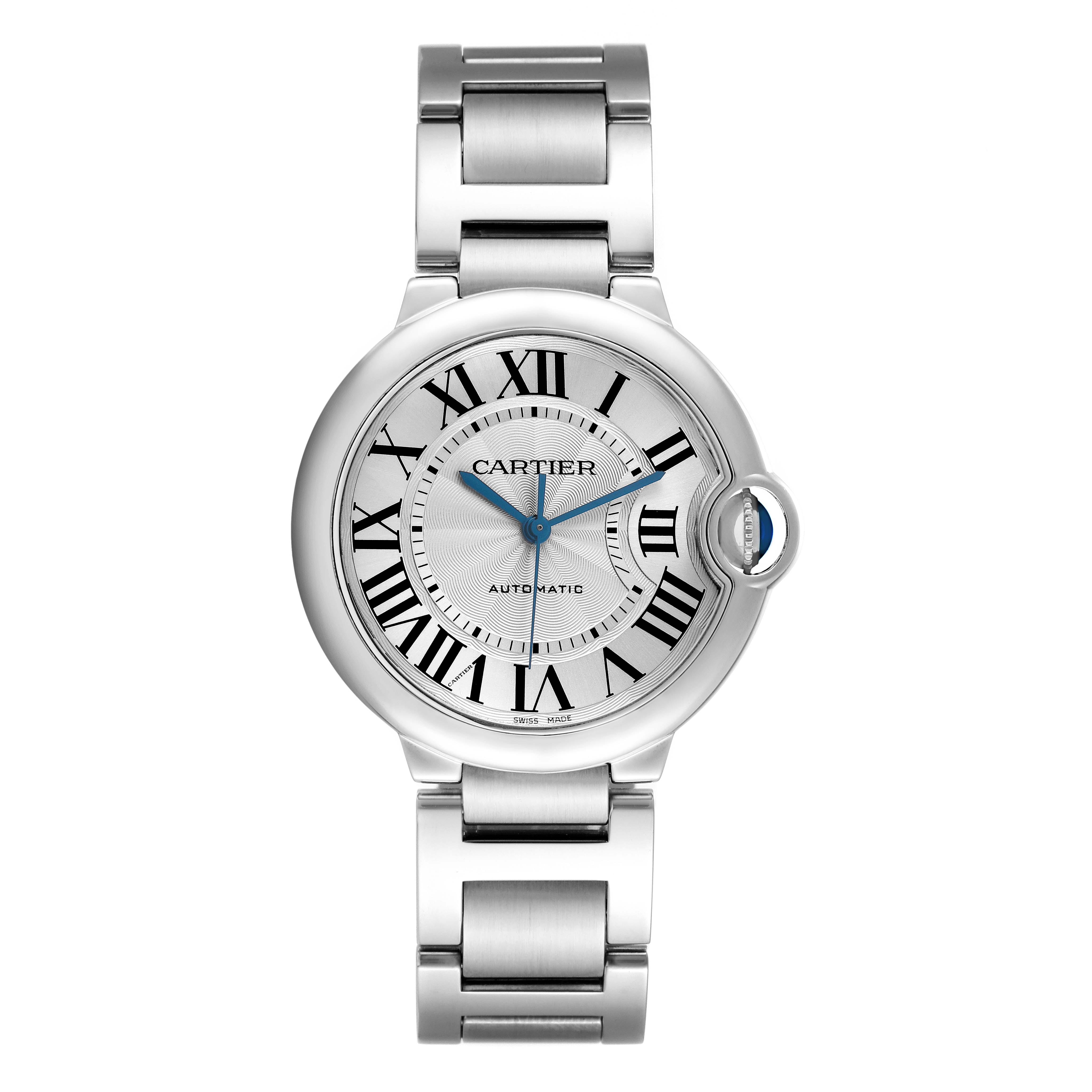 The Cartier Ballon Bleu W6920046 Women's Stainless Steel Silver Dial watch is displayed from a top-down view, showing its round face, Roman numerals, and stainless steel bracelet.