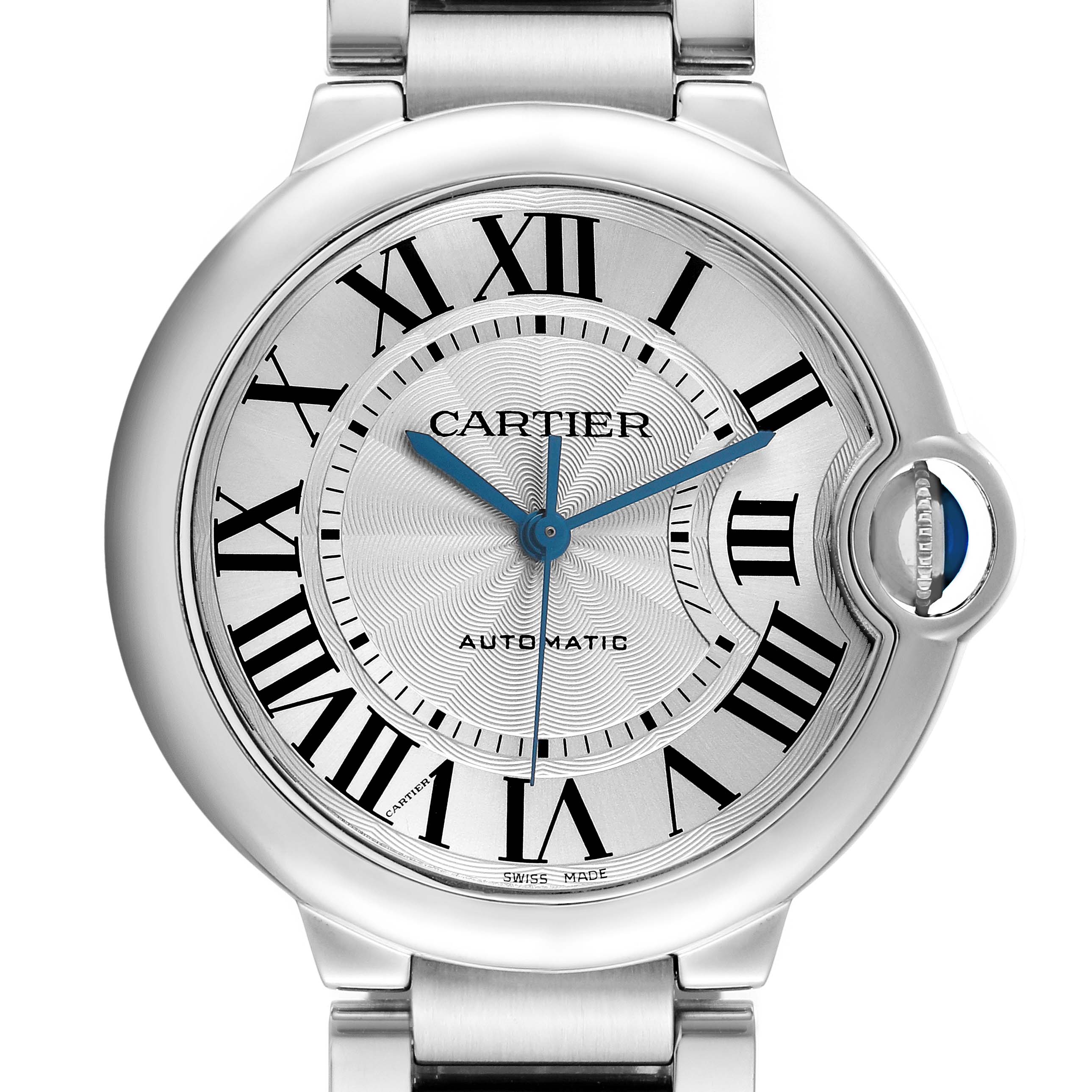 The Cartier Ballon Bleu W6920046 Women's Stainless Steel Silver Dial watch is shown from the front, displaying the face with Roman numerals and a steel bracelet.